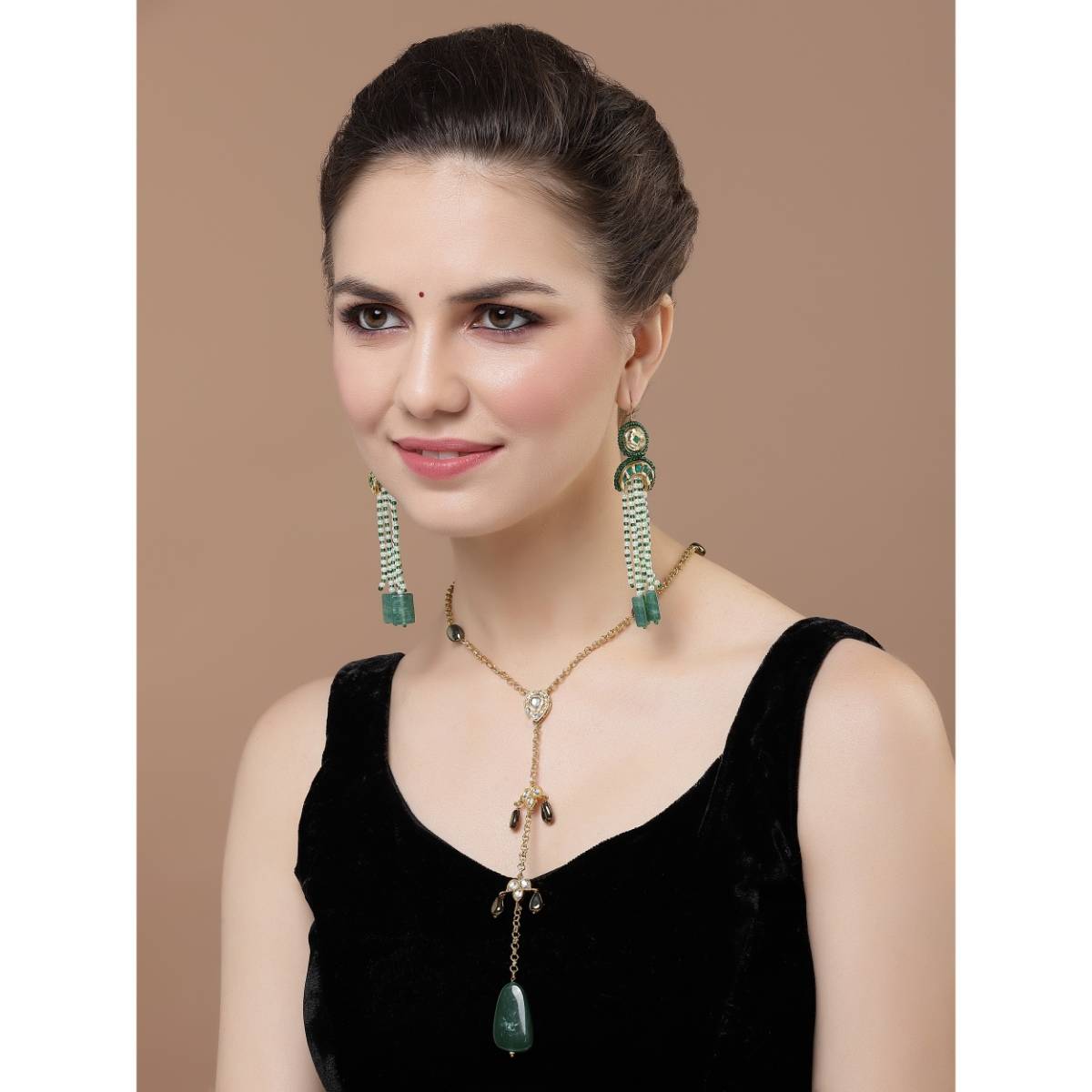 Dugran By Dugristyle Green & White Drop Earring with Kundan & Pearls