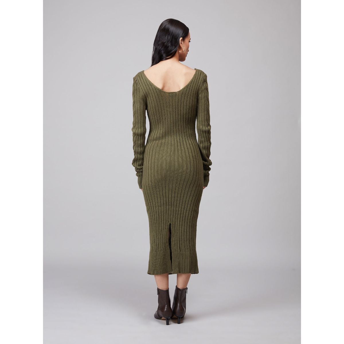 Buy Twenty Dresses By Nykaa Fashion Olive Green V Neck Bodycon Midi