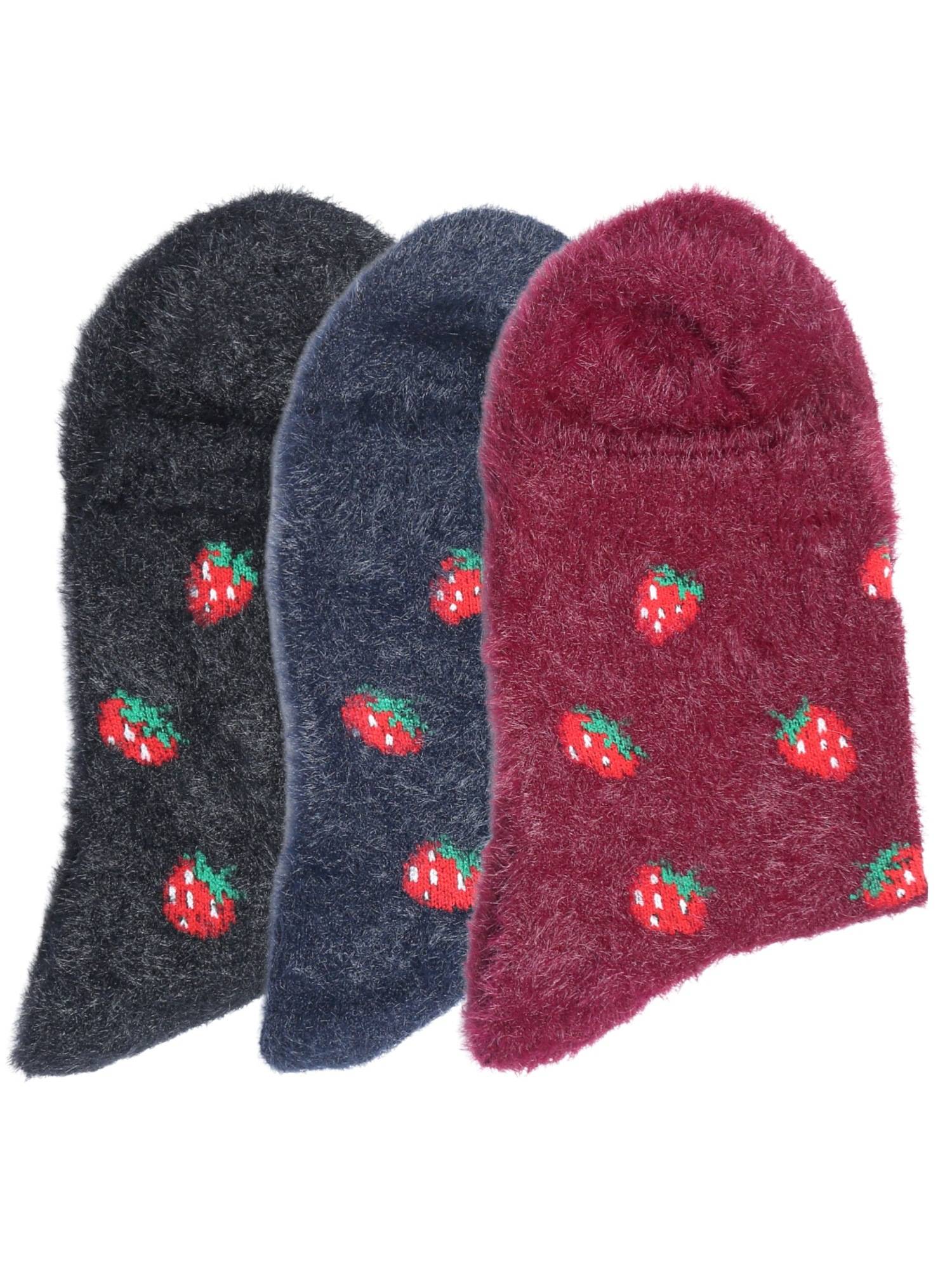 NEXT2SKIN Women'S Woollen Winter Ankle Socks with Strawberry Motif-Multi-Color (Pack Of 3)