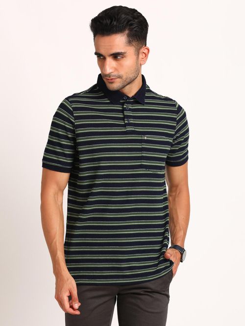 Buy Turtle Men Cotton Black Half Sleeve Casual Stripe Polo T-Shirt - Main Image