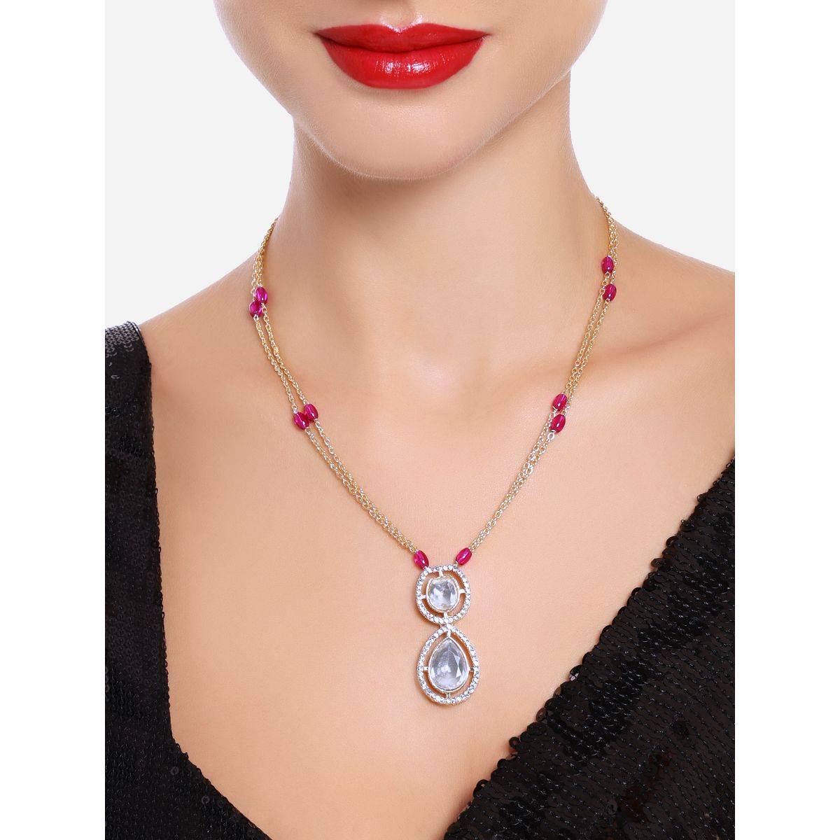 Zaveri Pearls Pink Beads Austrian Diamonds and Stones Necklace -ZPFK16738