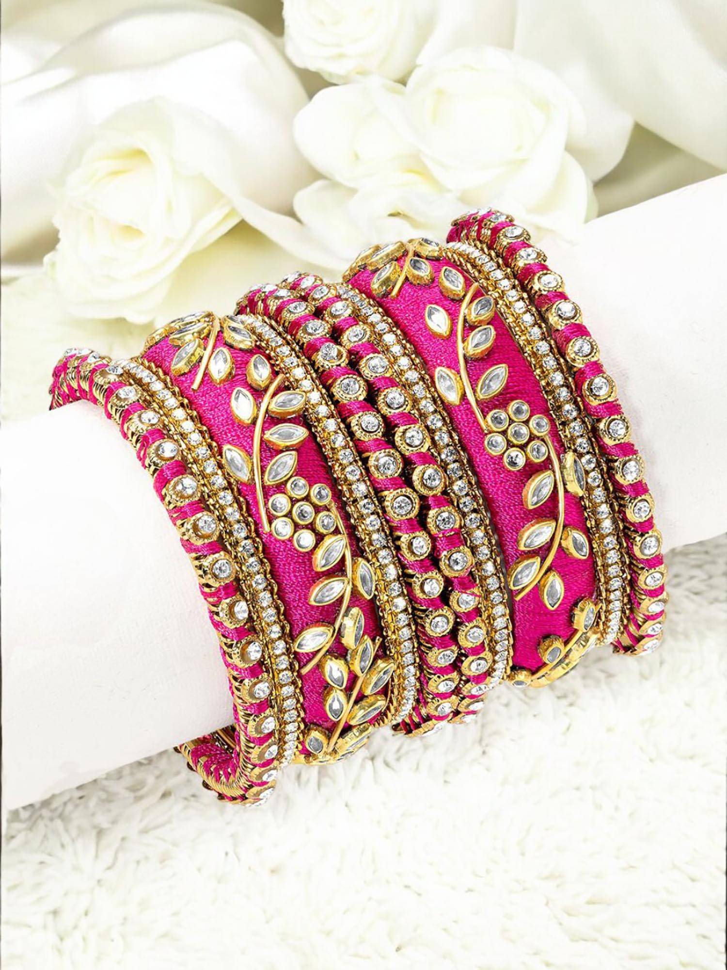 OOMPH Pink Bridal Chuda Bangle Set Silk Thread and Kundan (Pack of 10) (2.6)