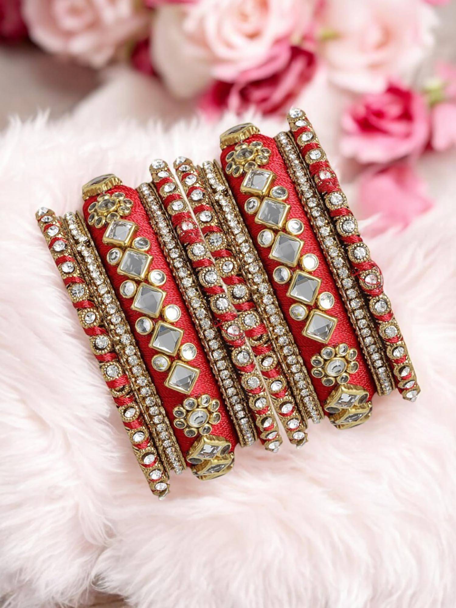 OOMPH Red Bridal Chuda Bangle Set Silk Thread and Kundan (Pack of 10) (2.6)