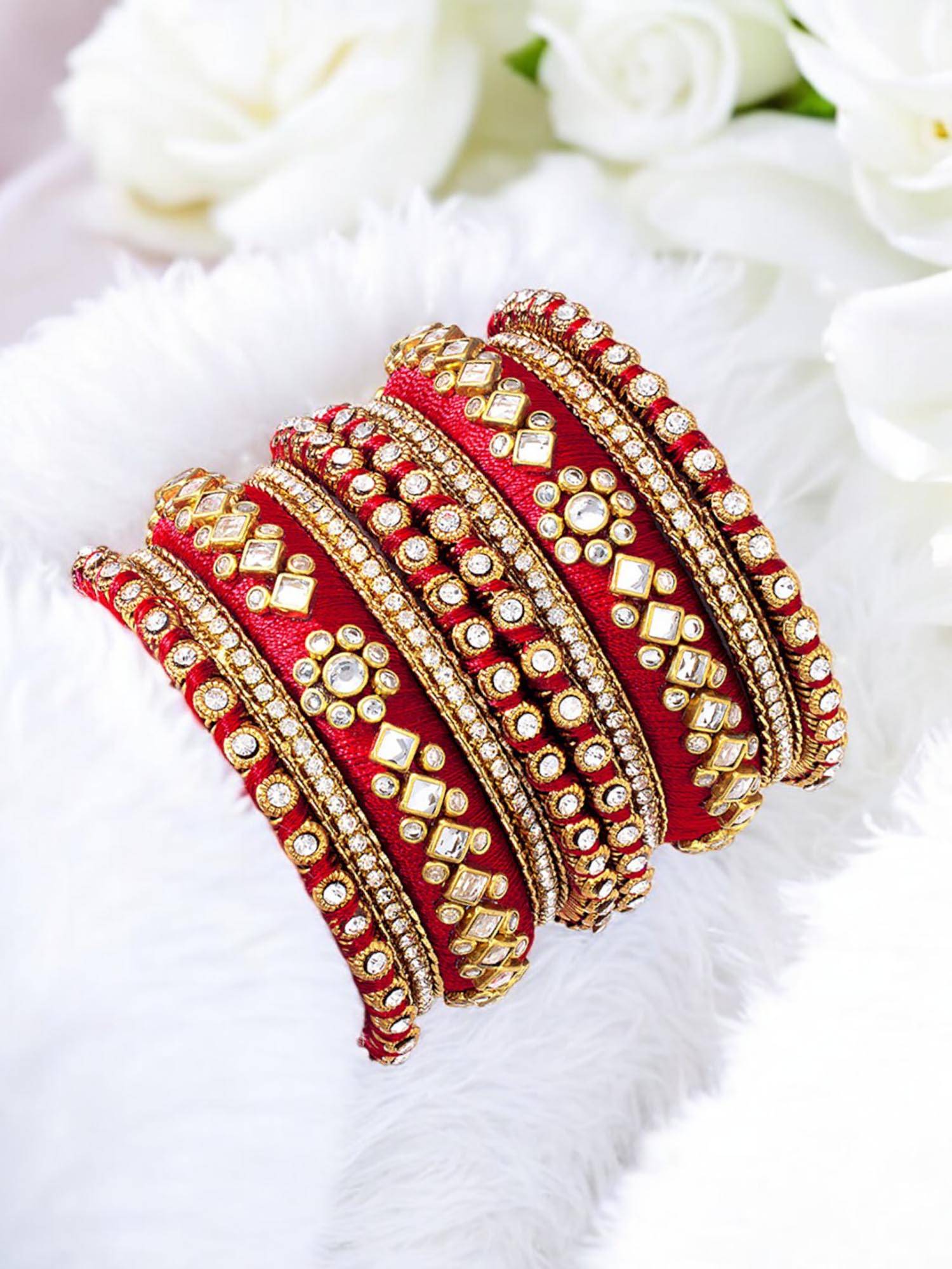 OOMPH Red Bridal Chuda Bangle Set With Silk Thread and Kundan (Pack of 10) (2.6)