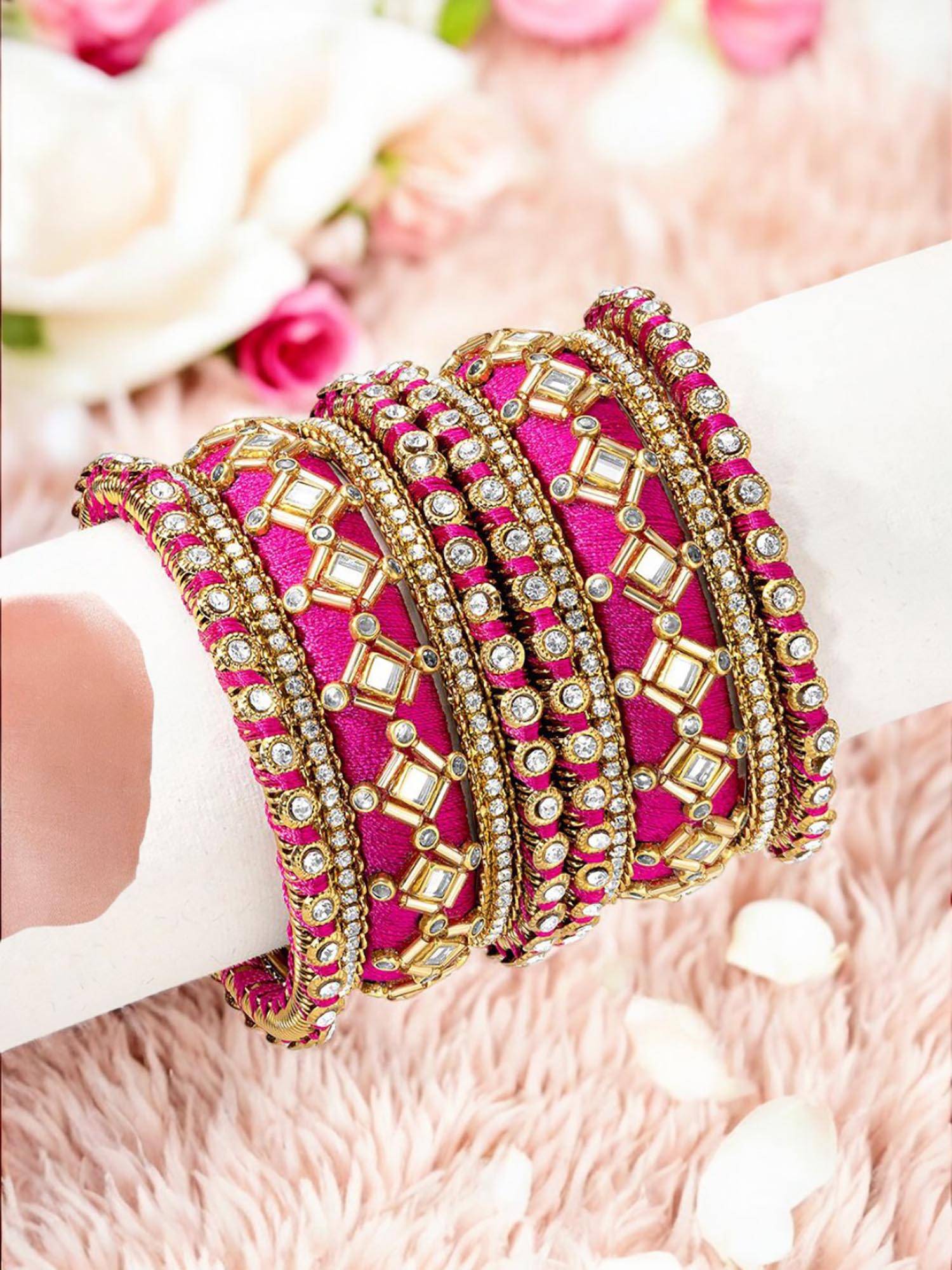 OOMPH Rani Pink Bridal Chuda Bangle Set Silk Thread and Kundan (Pack of 10) (2.6)