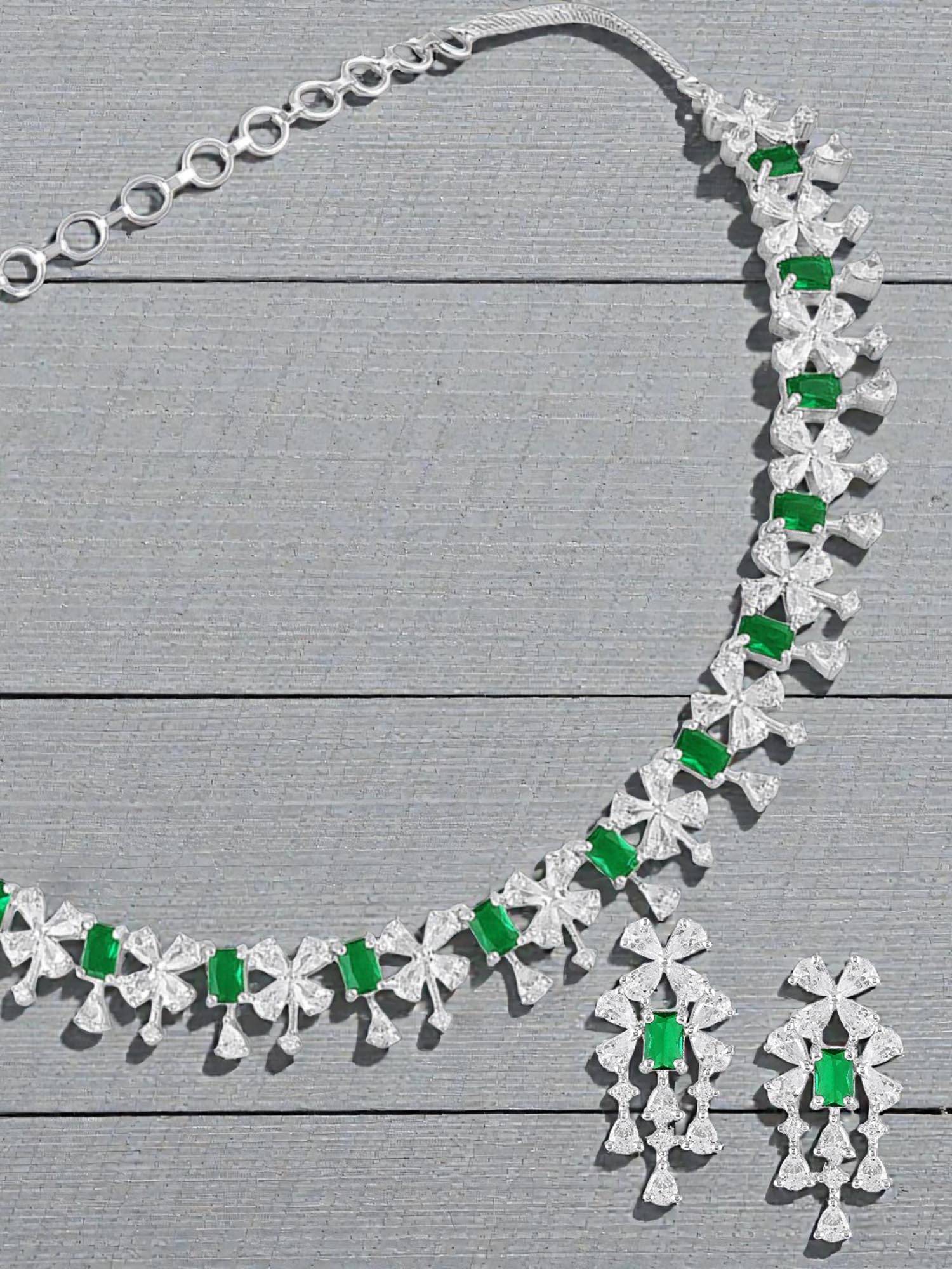OOMPH Green American Diamond Necklace Set - Party Wear