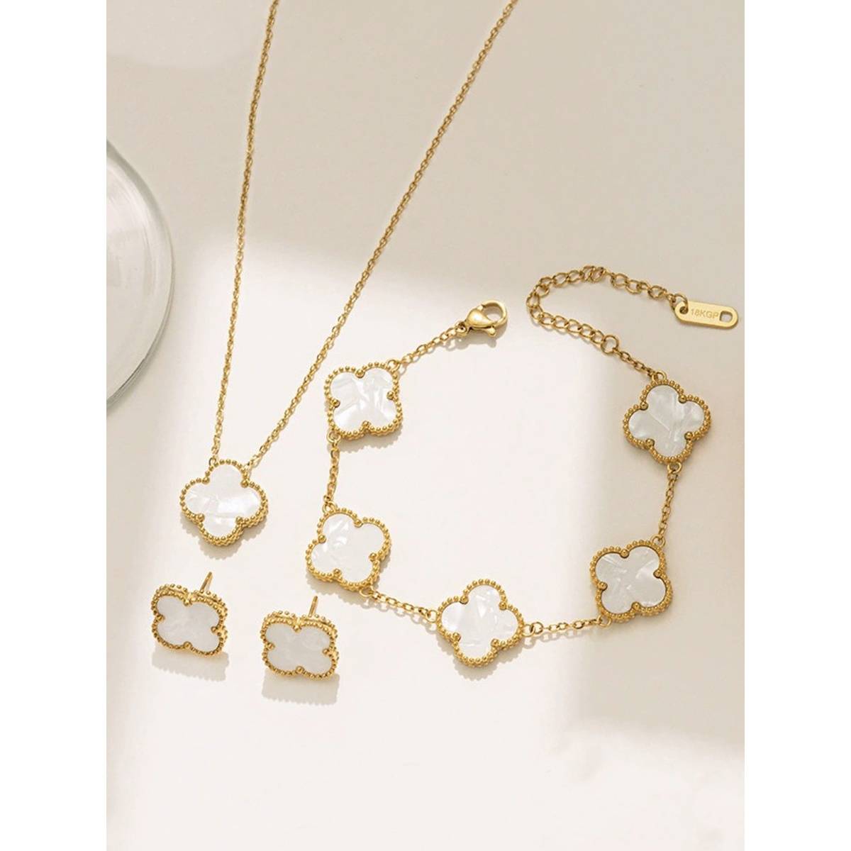 Designs & You Stainless Steel Gold Plated White Anti Tarnish Clover Jewellery Set