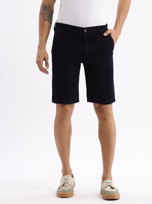 SHOWOFF Mens Knee Length Navy Blue Denim Shorts