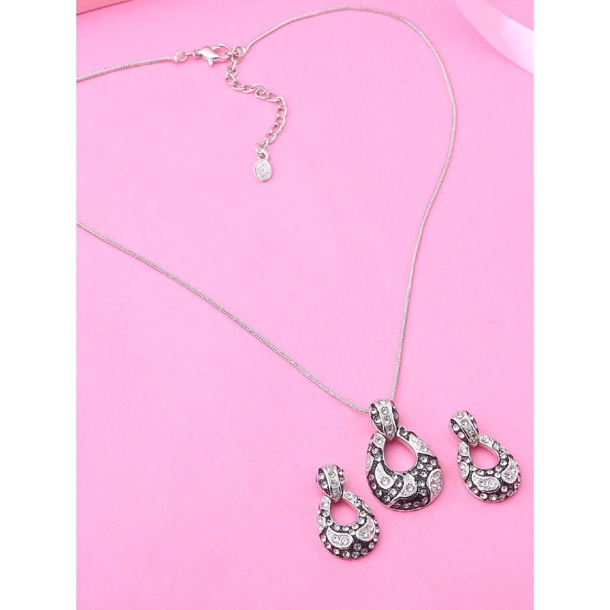 Estele Rhodium Plated Gleam Pendant Necklace with Crystals for Women (Set of 2)