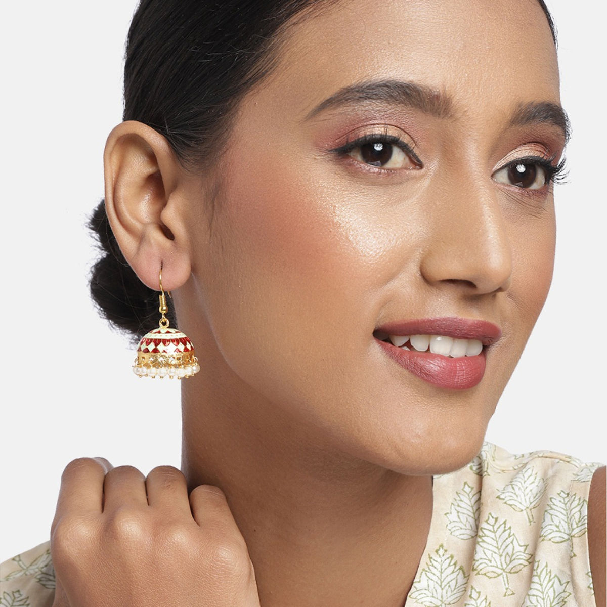 Buy Zaveri Pearls Enamelling Red & Green Fish Hook Jhumki Earring