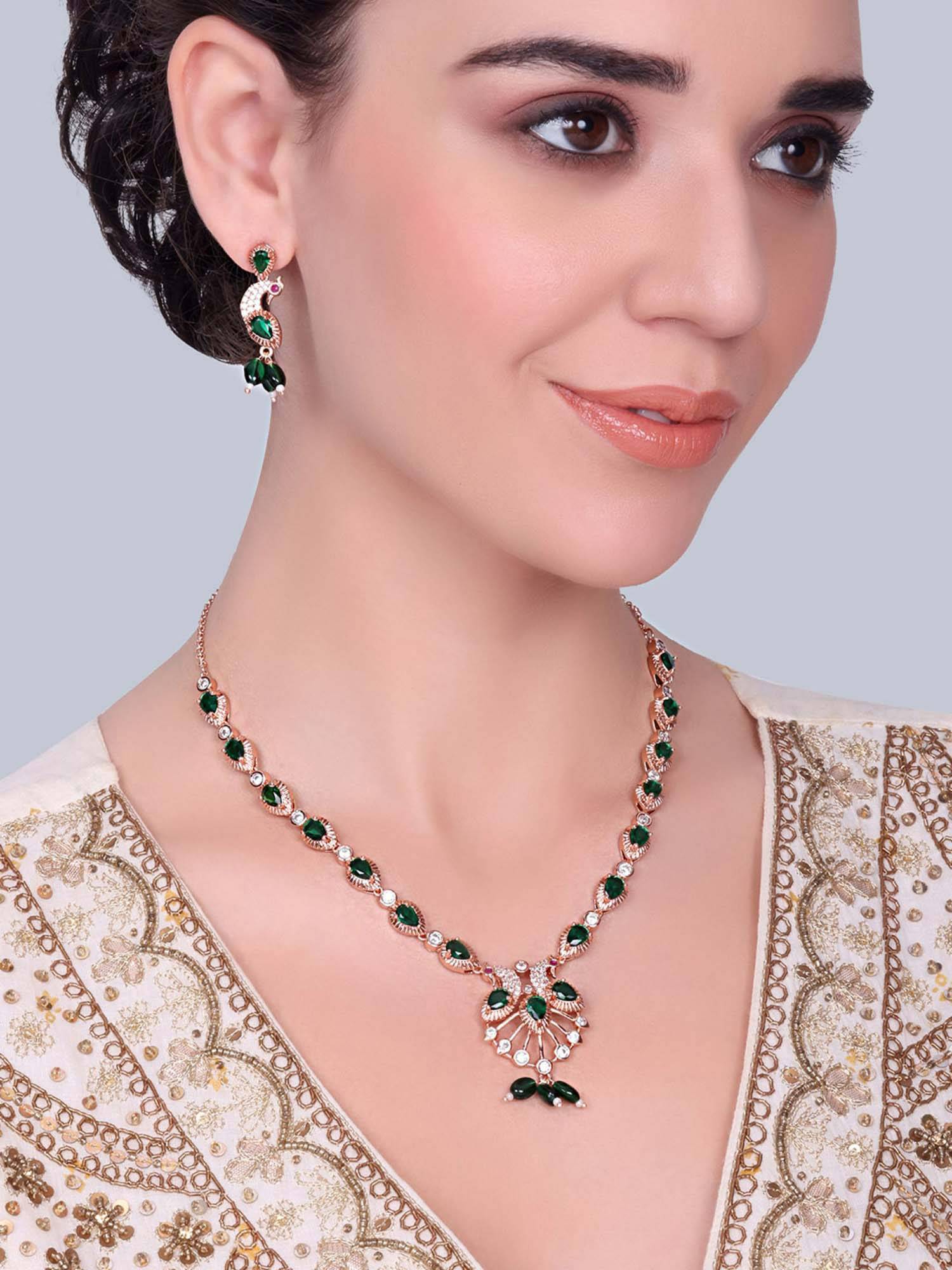 Estele Rajani - Morbagh Green Floral CZ Necklace with Earrings