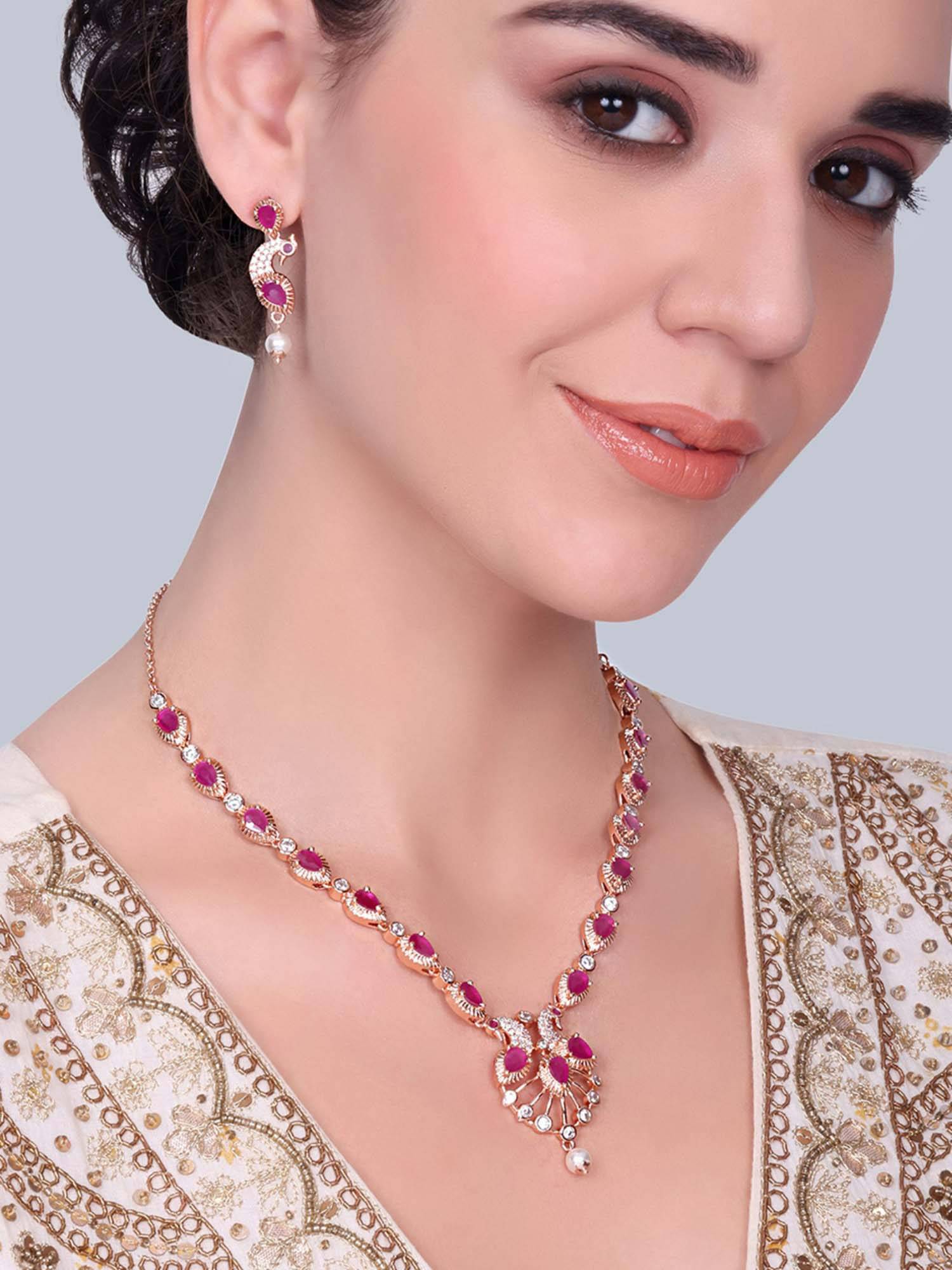 Estele Alankara - Morbagh Ruby Pink CZ Necklace with Earrings