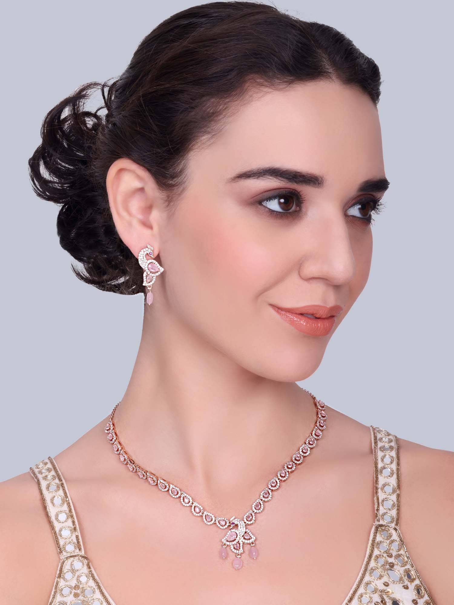 Estele Mayura - Morbagh Mint Pink Peacock Necklace with Earrings