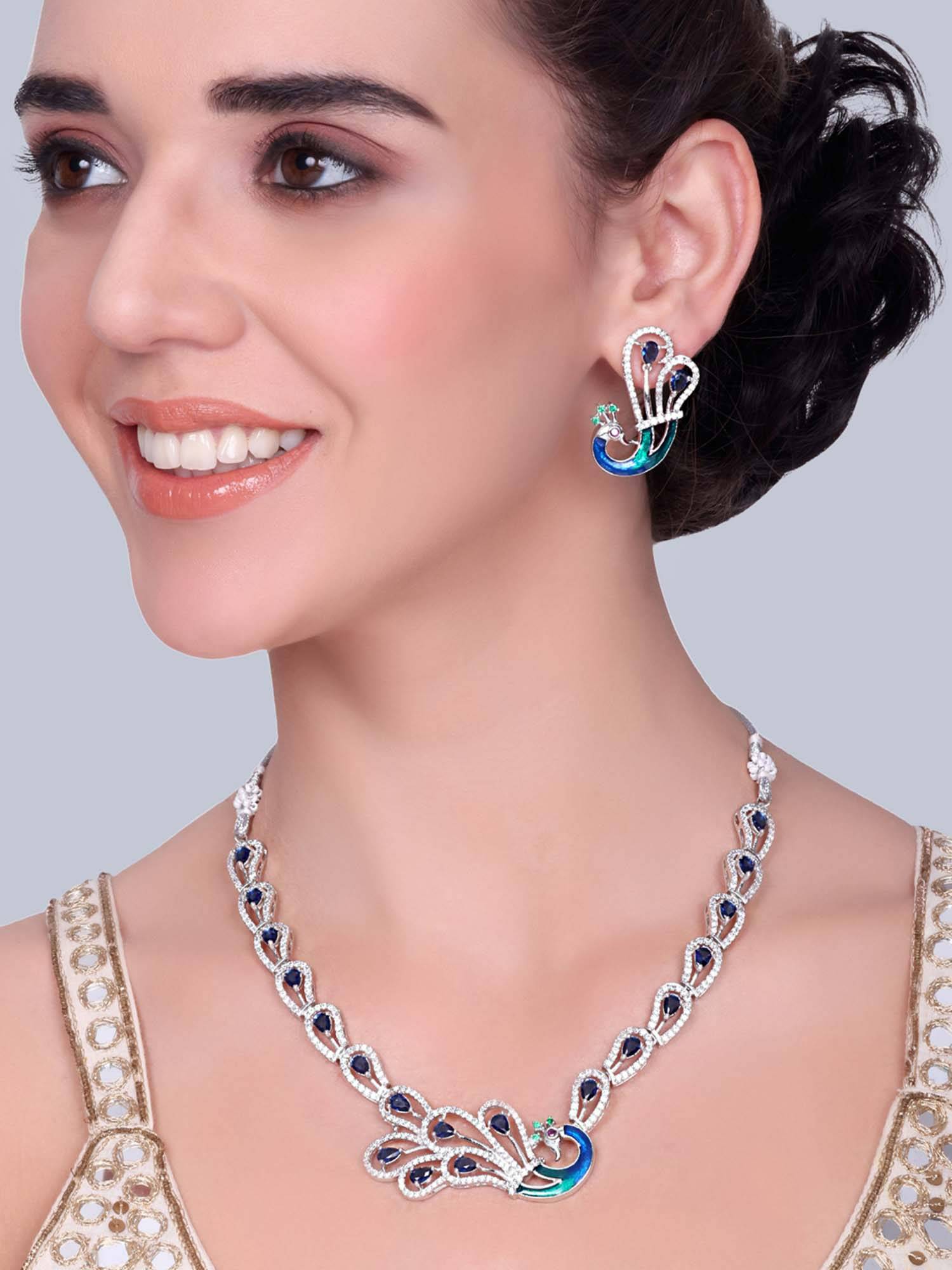 Estele Kundanika - Morbagh Blue White Peacock Necklace with Earrings
