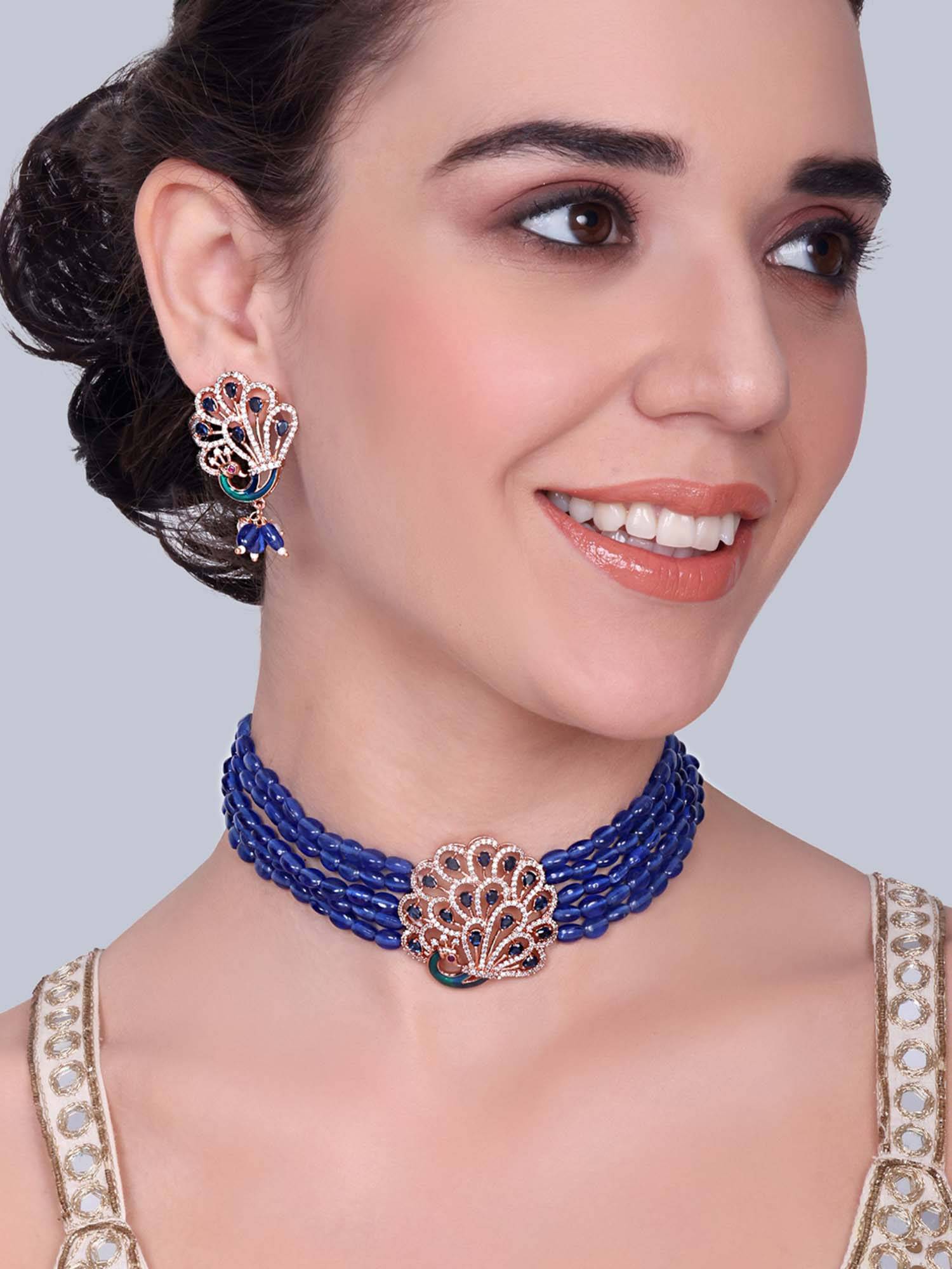 Estele Mayura - Morbagh Blue Stone Peacock Necklace with Earrings