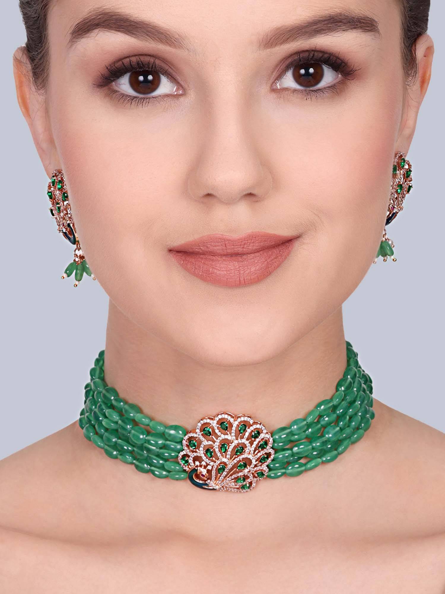 Estele Mayurika - Morbagh Green Beaded Peacock Necklace with Earrings