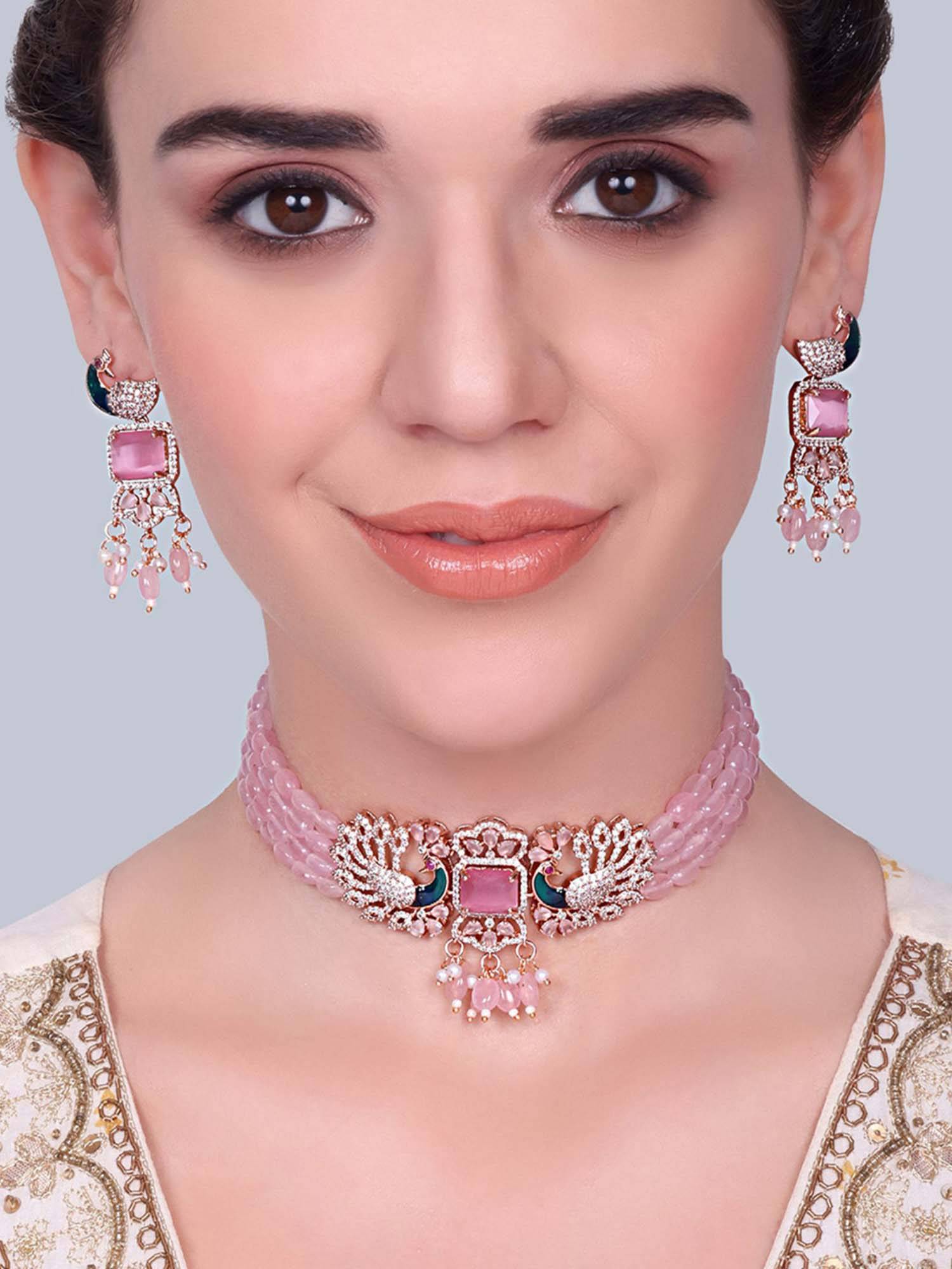 Estele Ratnika - Morbagh Mint Pink Peacock Beaded Necklace with Earrings