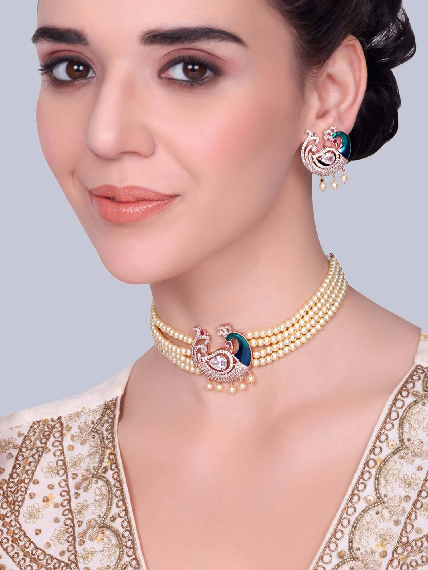Estele Rajvika - Morbagh White Pearl Peacock Multi-Strand Necklace with Earrings