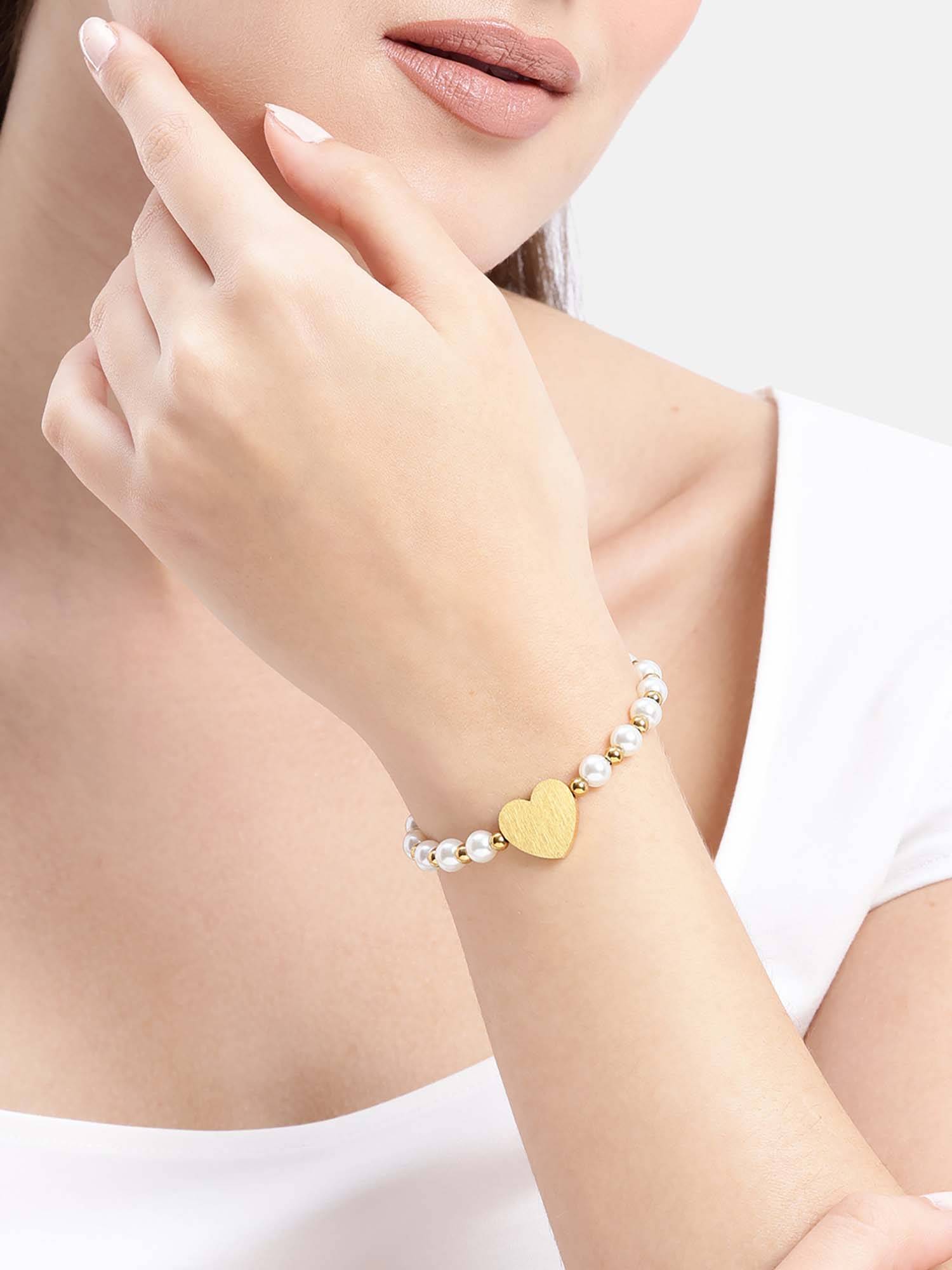 Carlton London 18kt Gold Plated White Pearl and Heart Wraparound Bracelet