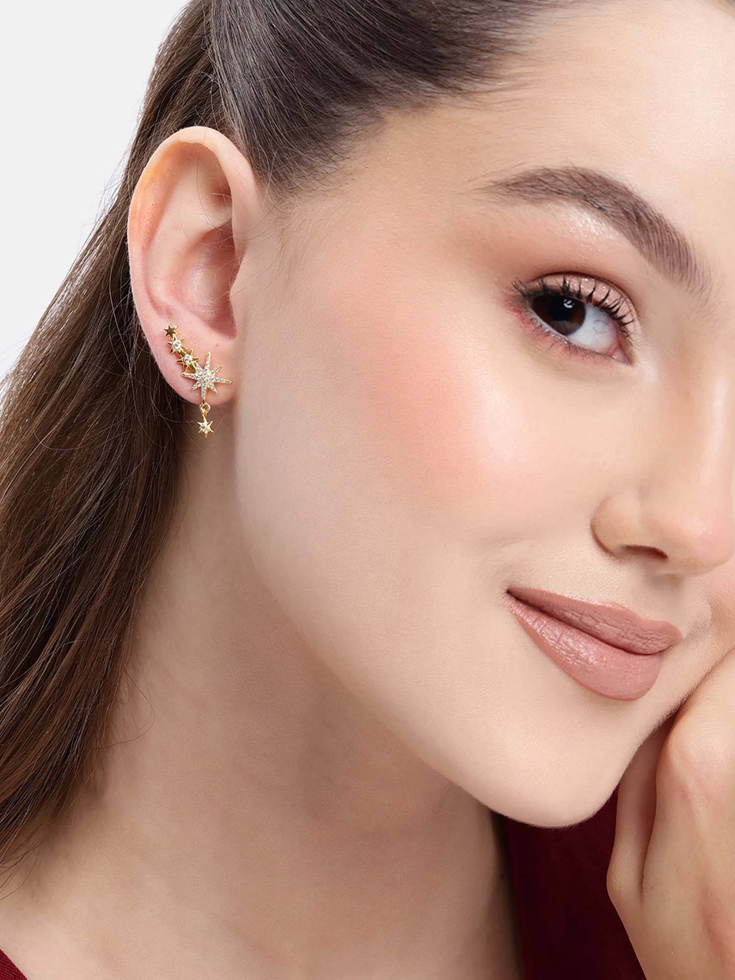 Buy Carlton London 18kt Gold Plated White CZ Burst Star Drop Earrings ...