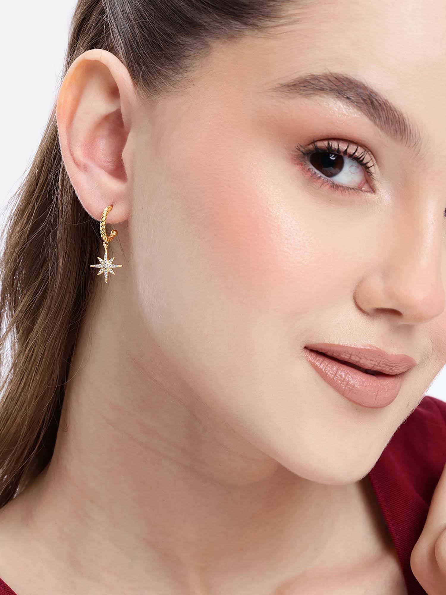 Carlton London 18kt Gold Plated White CZ Dangling Star Half Hoop Earrings