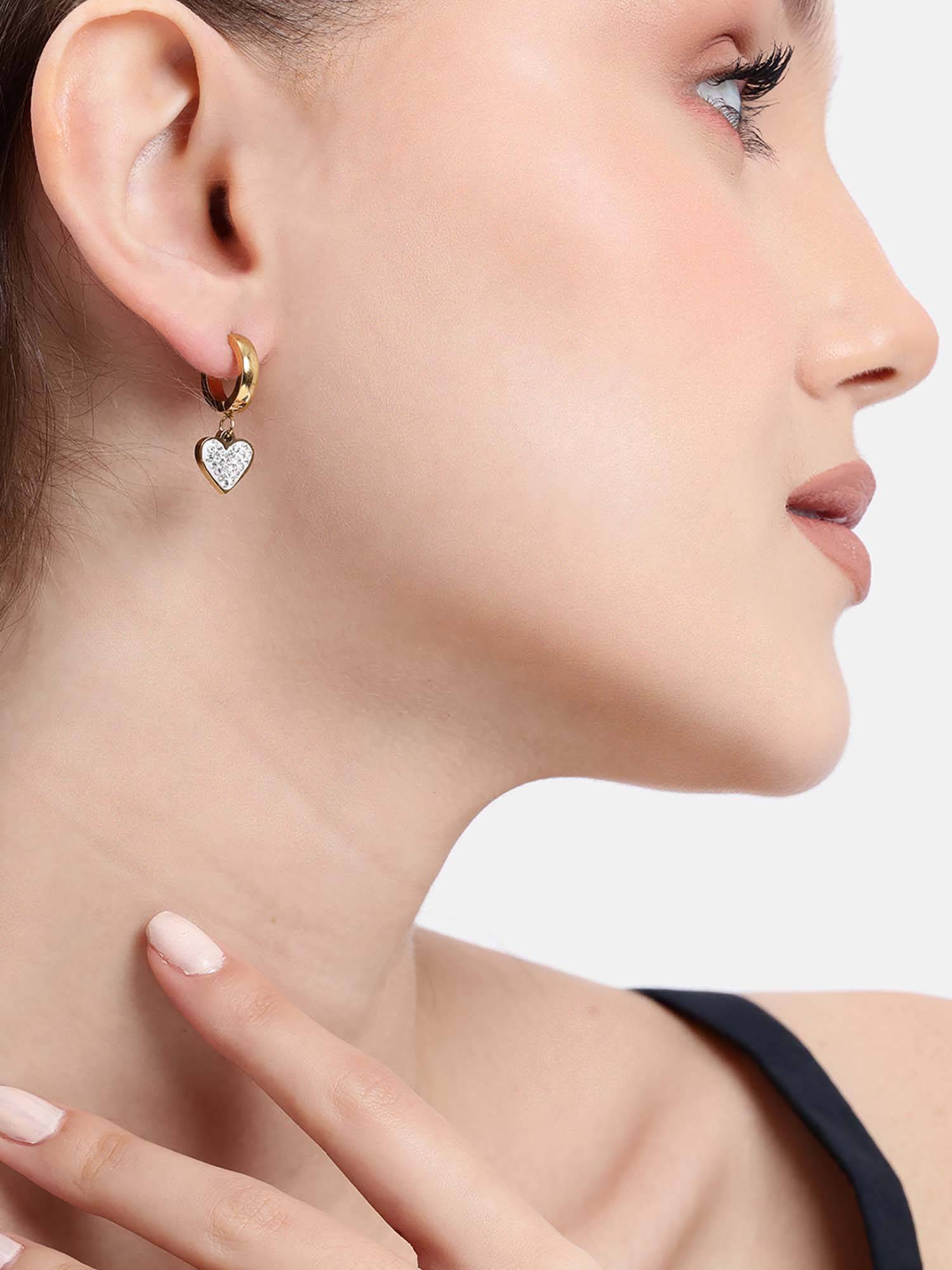 Carlton London 18kt Gold Plated White CZ Dangling Heart Hoop Earrings