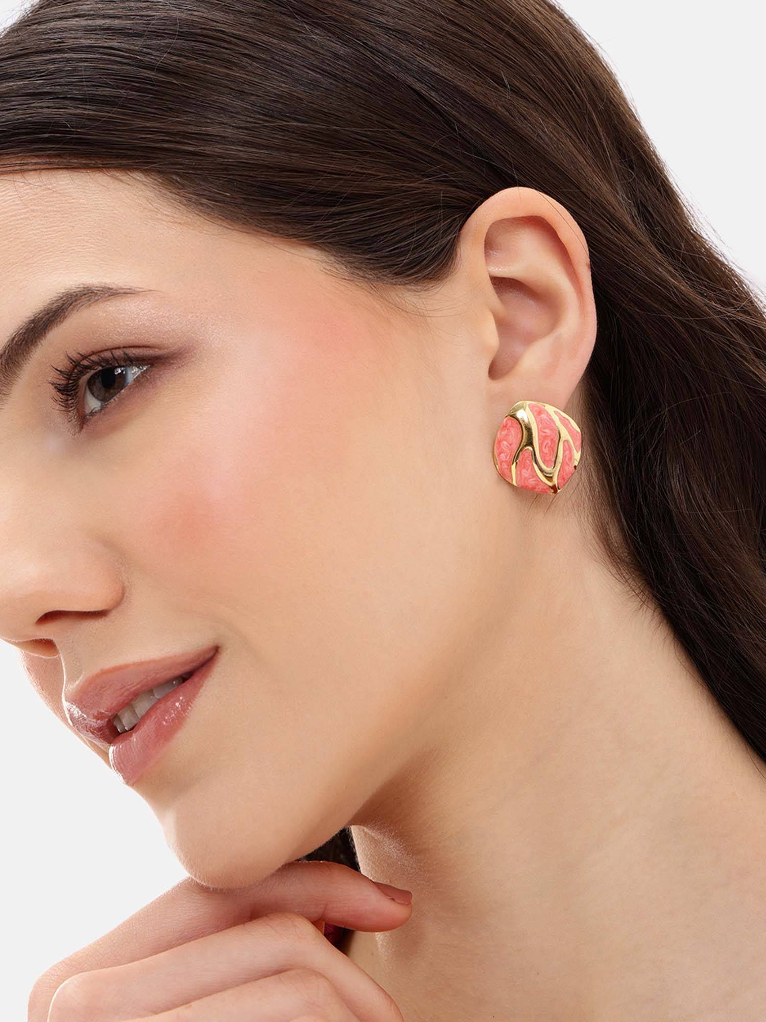 Carlton London Gold Plated Peach Enamel Bold Stud Earrings