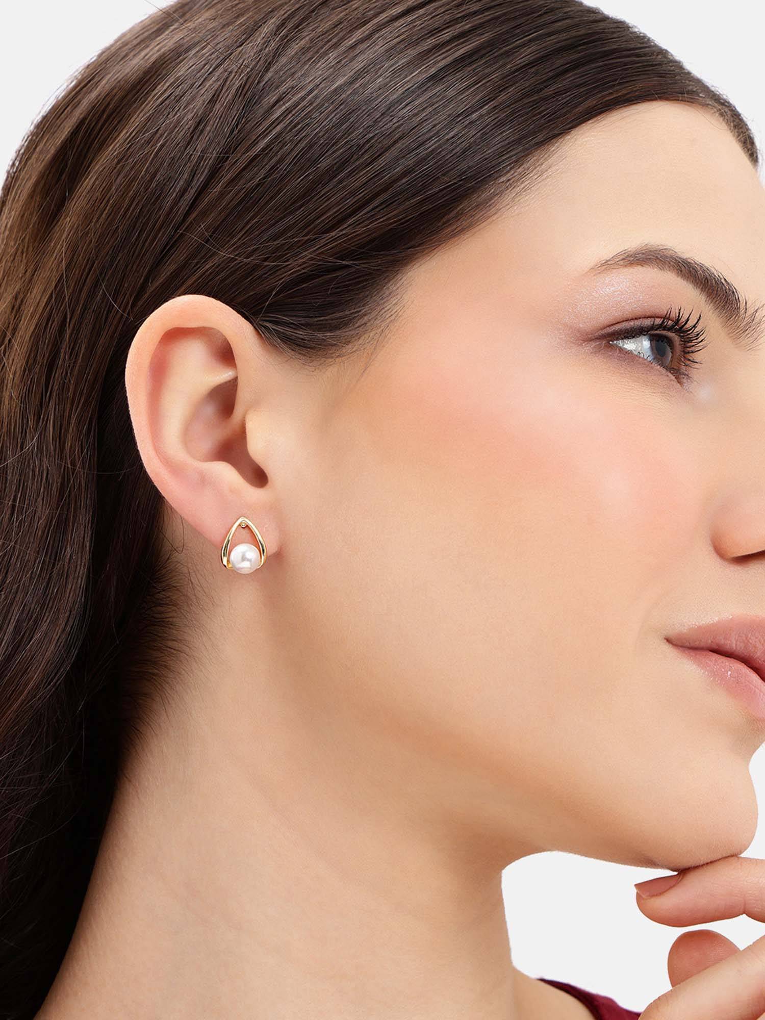 Carlton London Gold Plated White Floating Pearl Stud Earrings