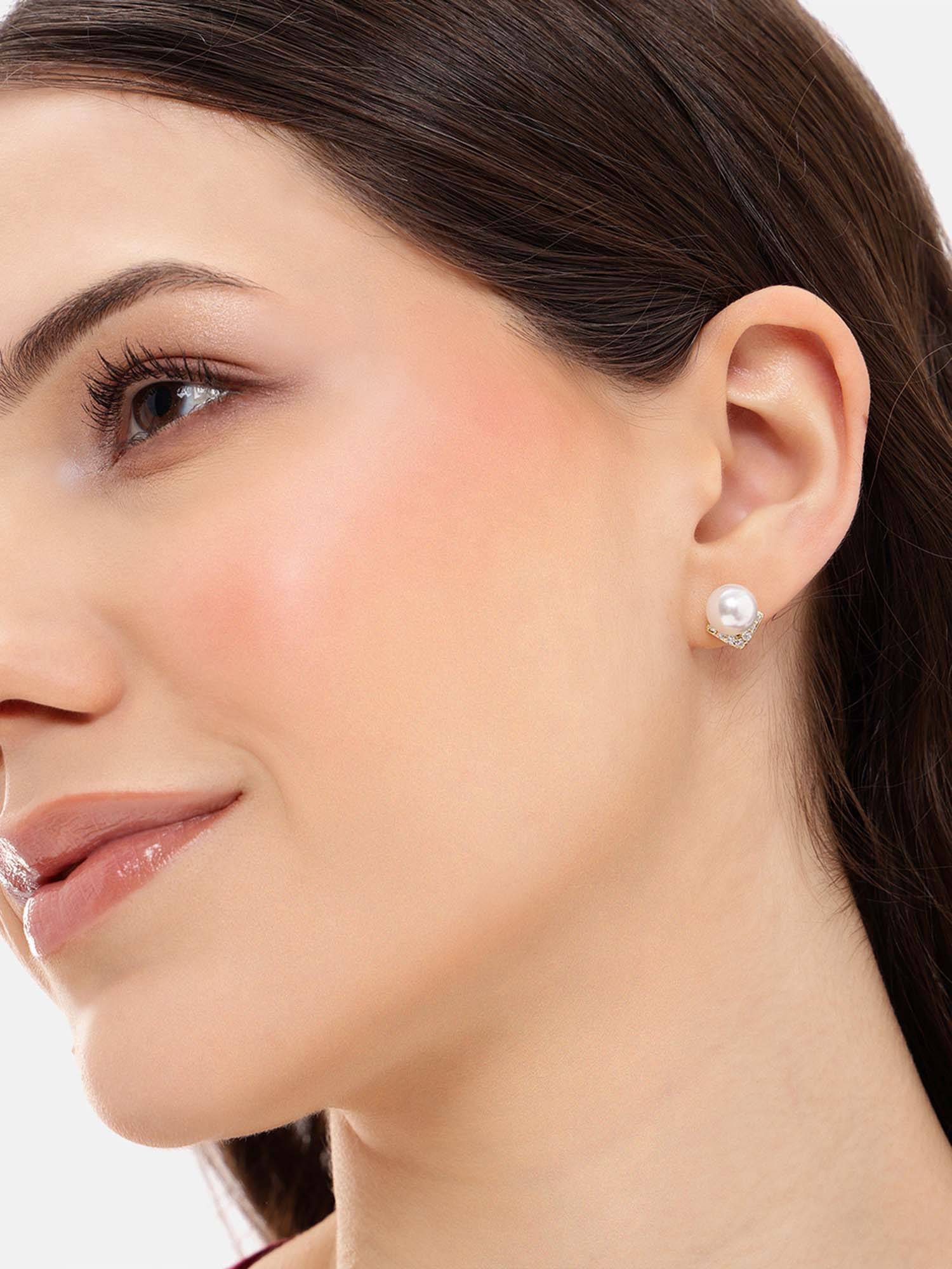 Carlton London Gold Plated White Pearl Chevron Stud Earrings