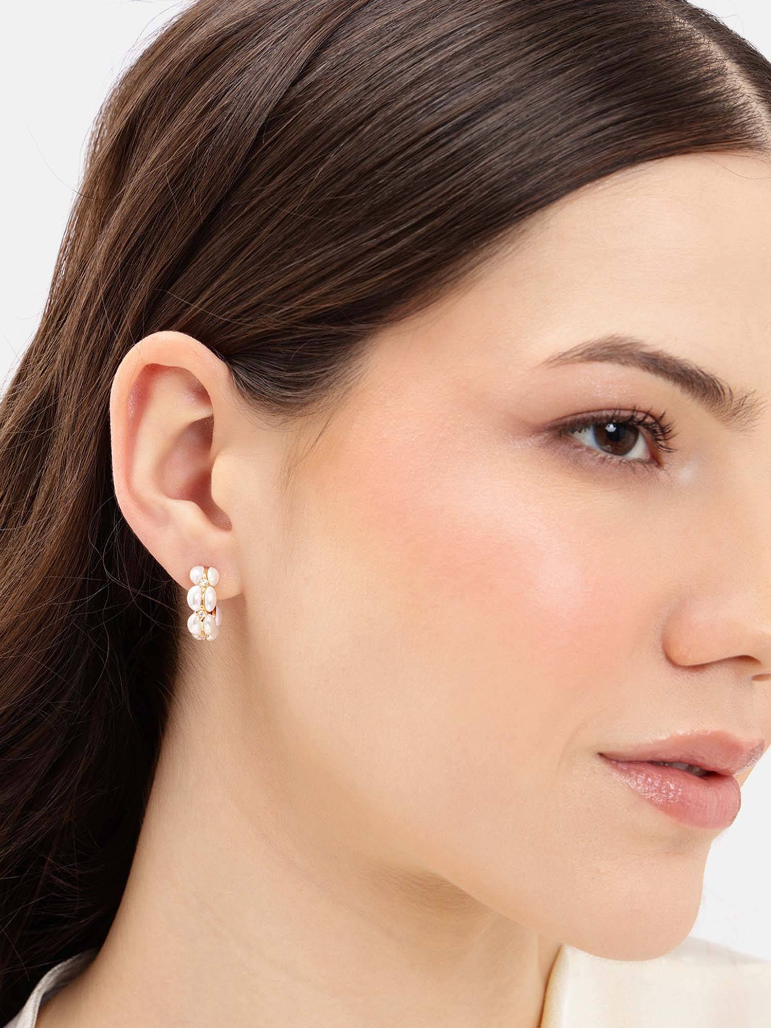 Carlton London Gold Plated White CZ Pearl Half Hoop Earrings