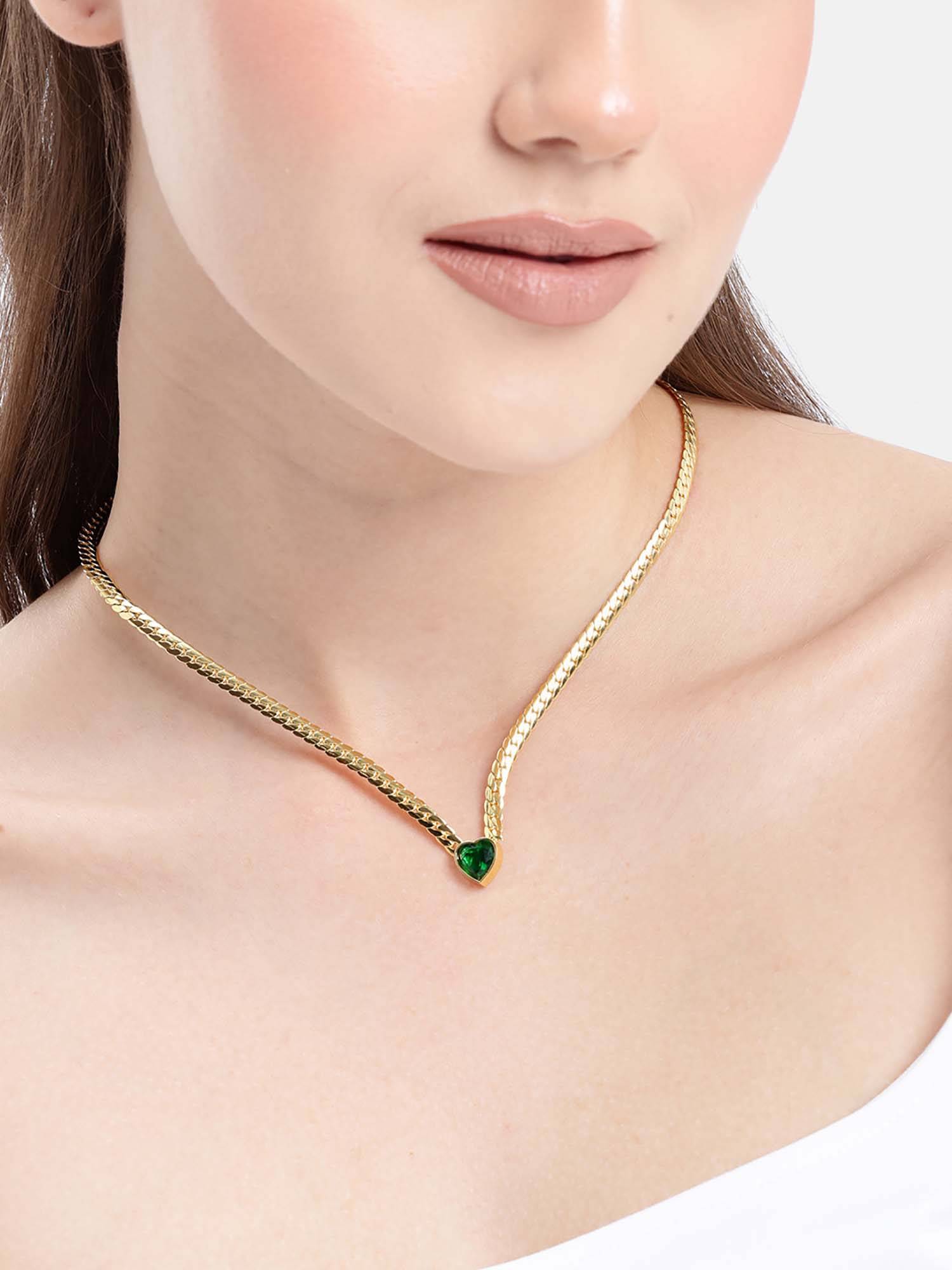 Carlton London 18kt Gold Plated Green Heart Solitaire Pendant Necklace