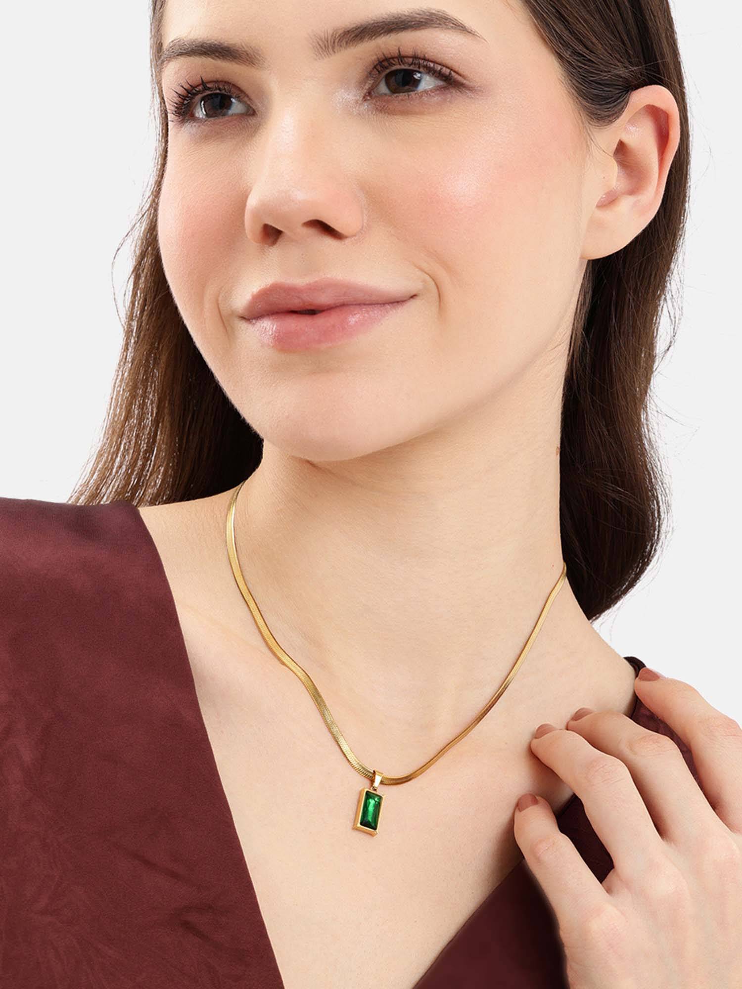 Carlton London Gold Plated CZ Green Square Necklace