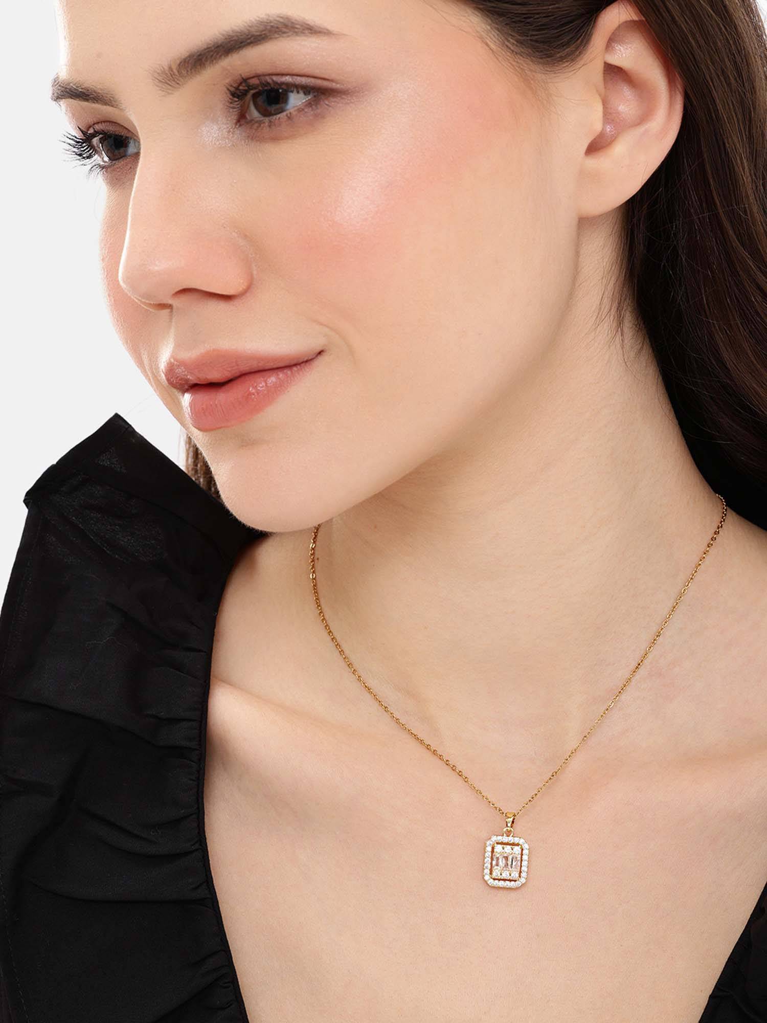 Carlton London Gold Plated White CZ Square Necklace