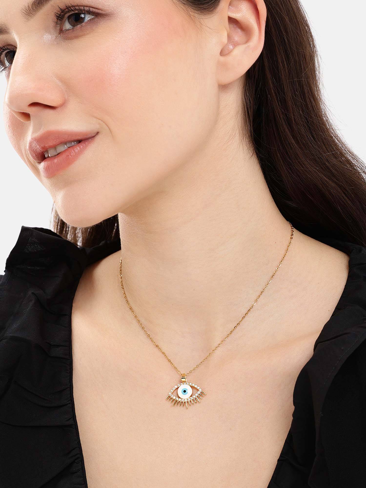 Carlton London Gold Plated White CZ Evil Eye Enamel Necklace