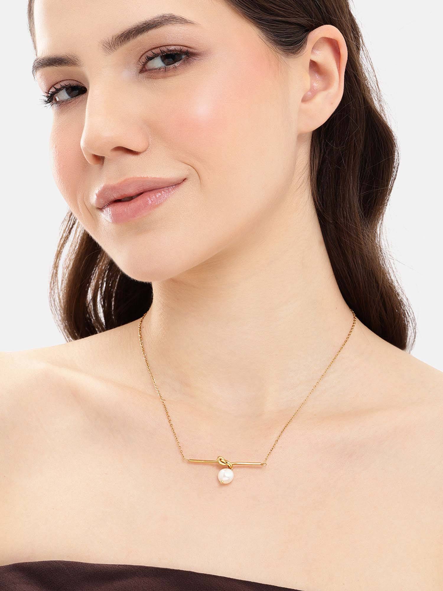 Carlton London Gold Plated White Dangling Bar and Pearl Necklace