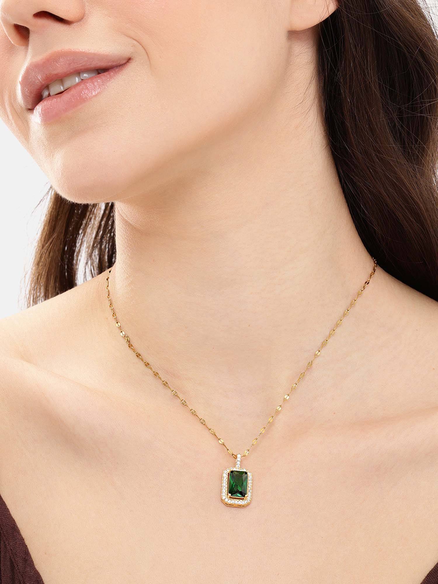 Carlton London Gold Plated Green CZ Square Necklace