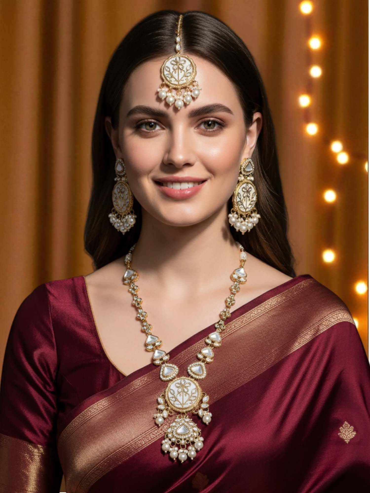 OOMPH Pearl Kundan White Necklace with Earrings & Maangtikka