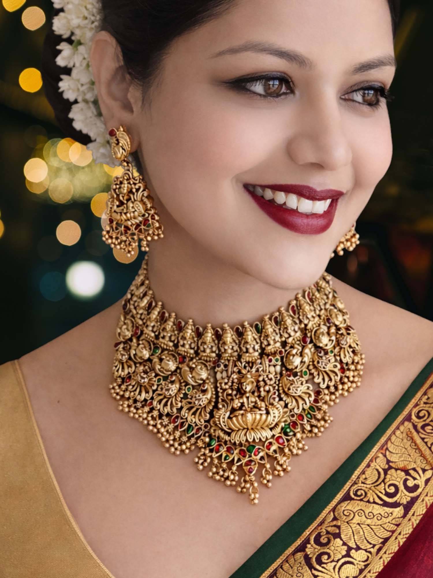 OOMPH Multi-Color Laxmi Design Gold Temple Necklace with Earrings