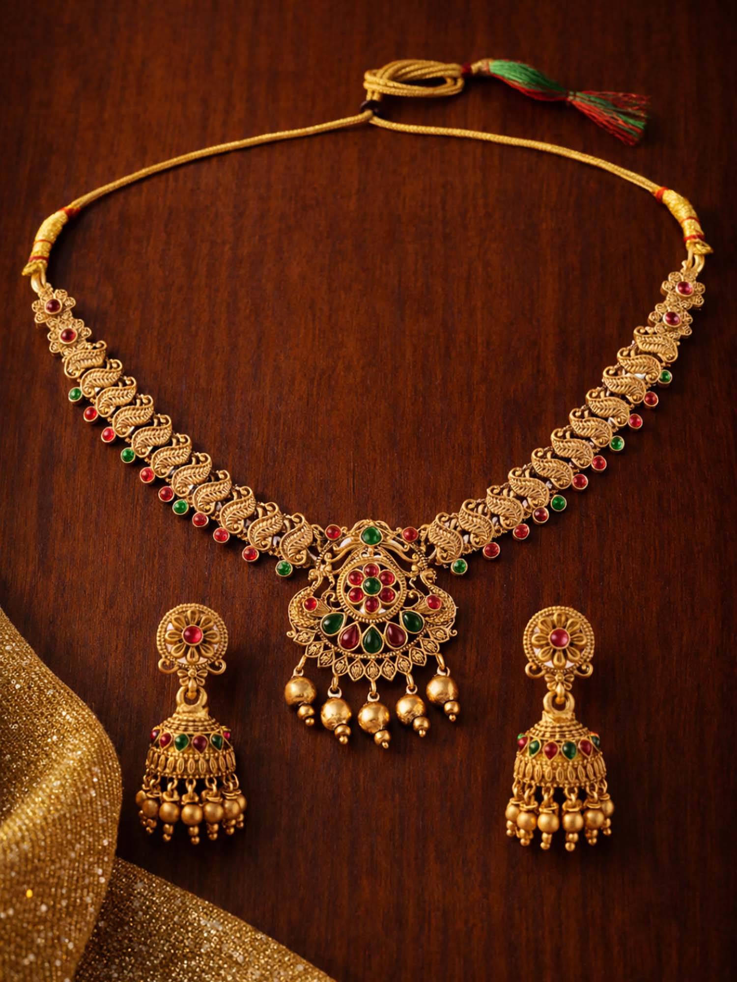 OOMPH Multi-Color Laxmi Design Gold Temple Necklace with Earrings