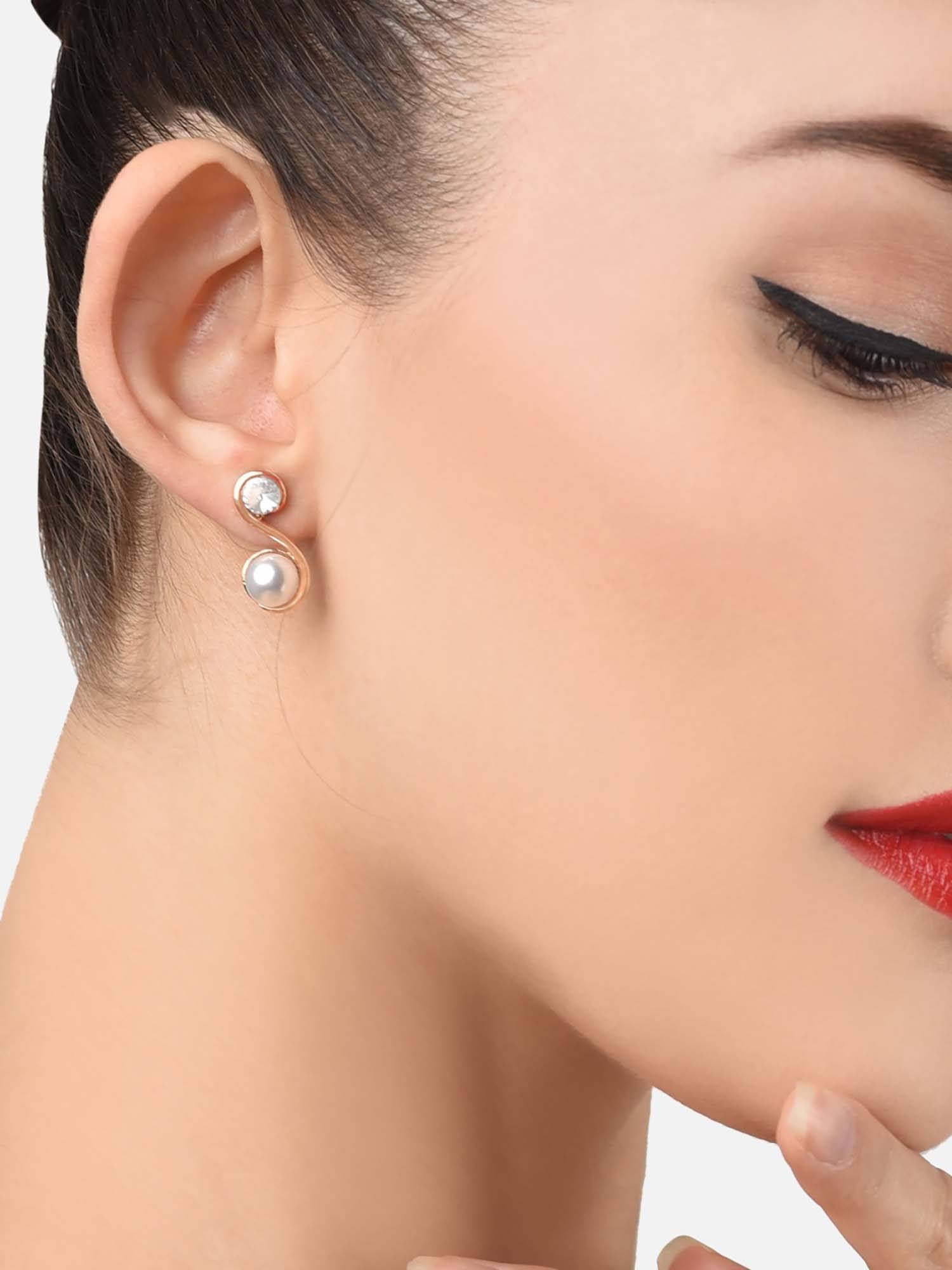 Zaveri Pearls Rose Gold Dazzling White Cubic Zirconia and Pearl Drop Earrings