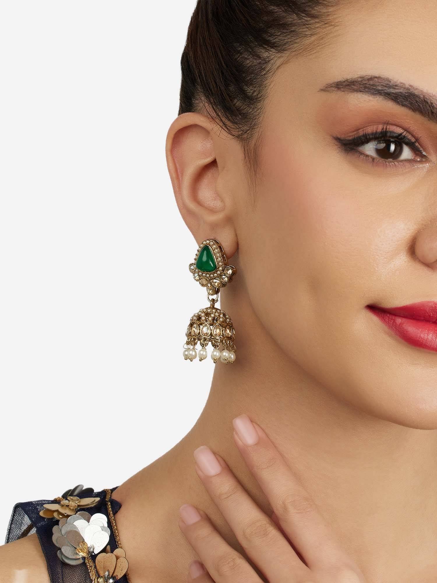 Zaveri Pearls Green Stones Beads Antique Plating Jhumka Earrings