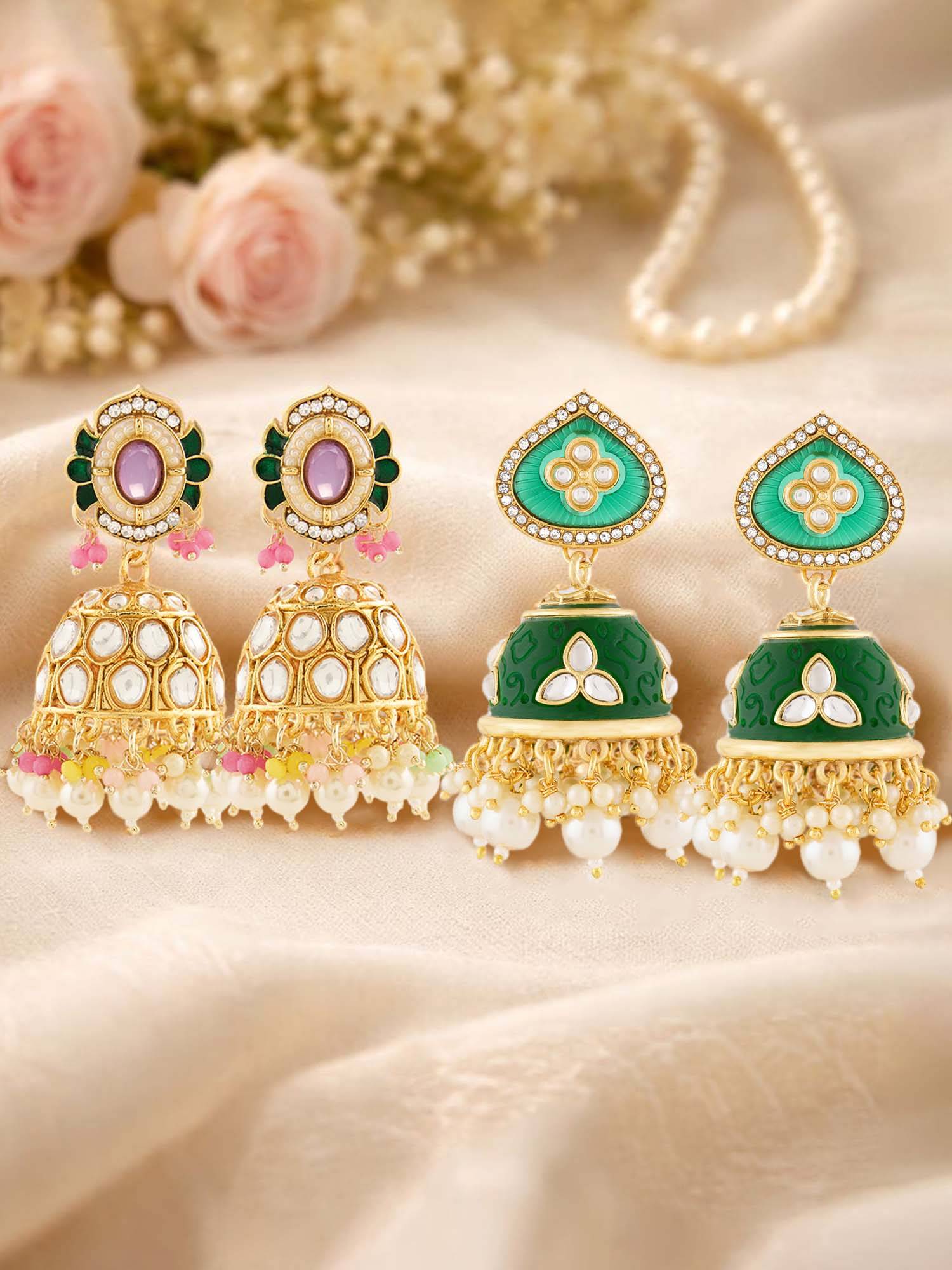 Zaveri Pearls Multi-Color Stones Beads Embellish Jhumka Earrings (Pack of 2)