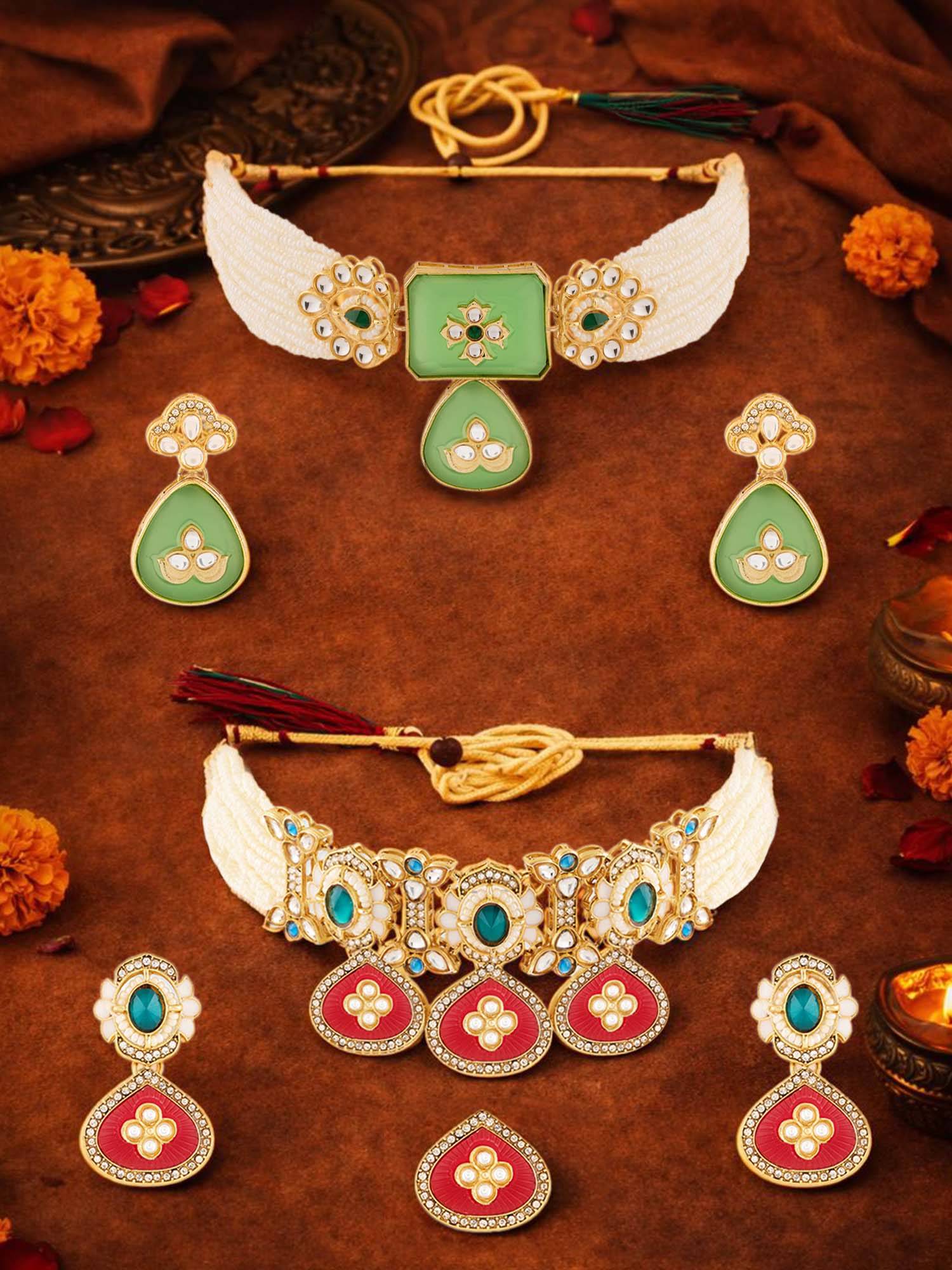 Zaveri Pearls Multi-Color Necklace Earrings & Ring (Pack of 2)