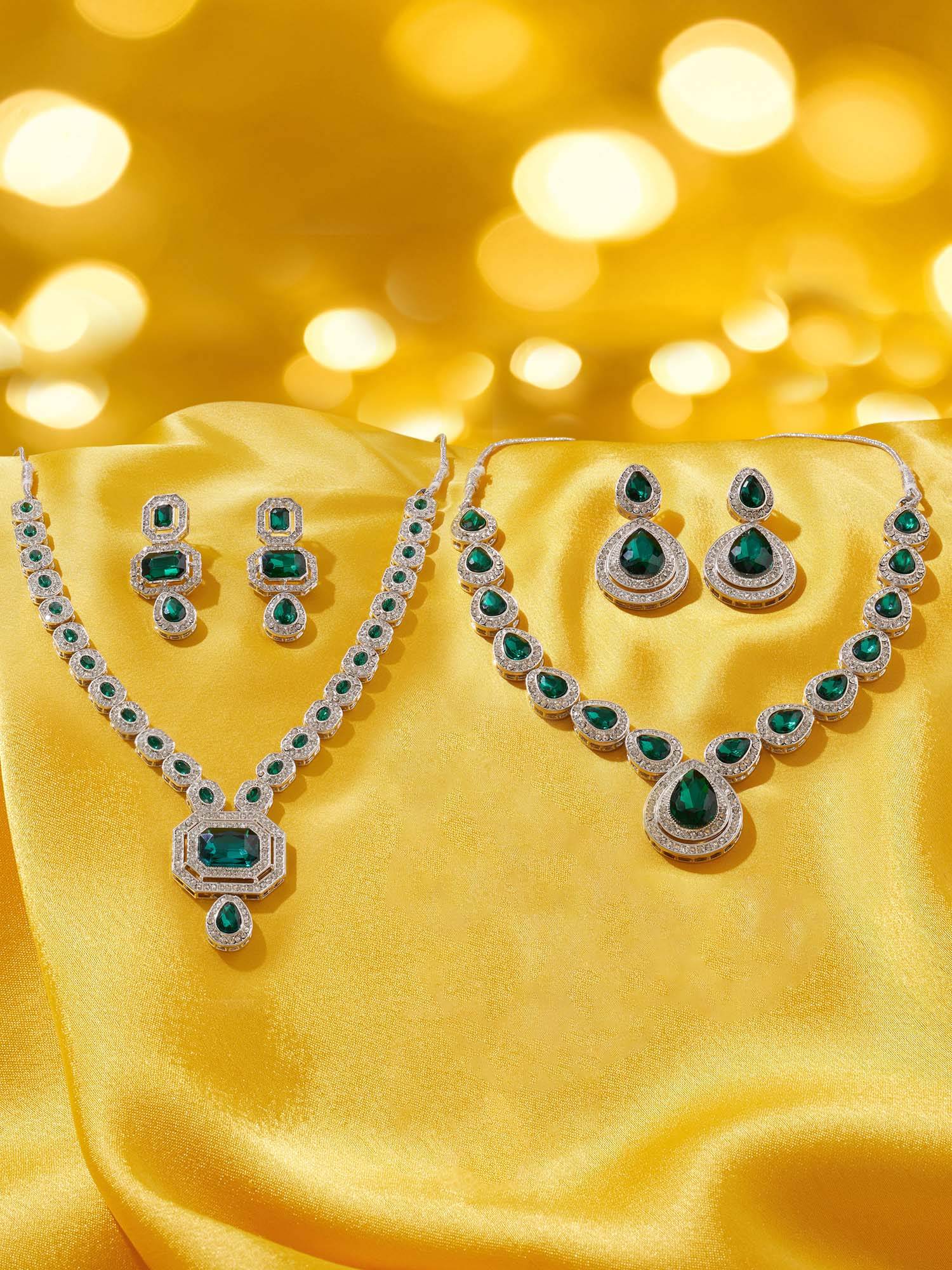 Zaveri Pearls Green Stones Diamonds Necklace and Earrings (Pack of 2)