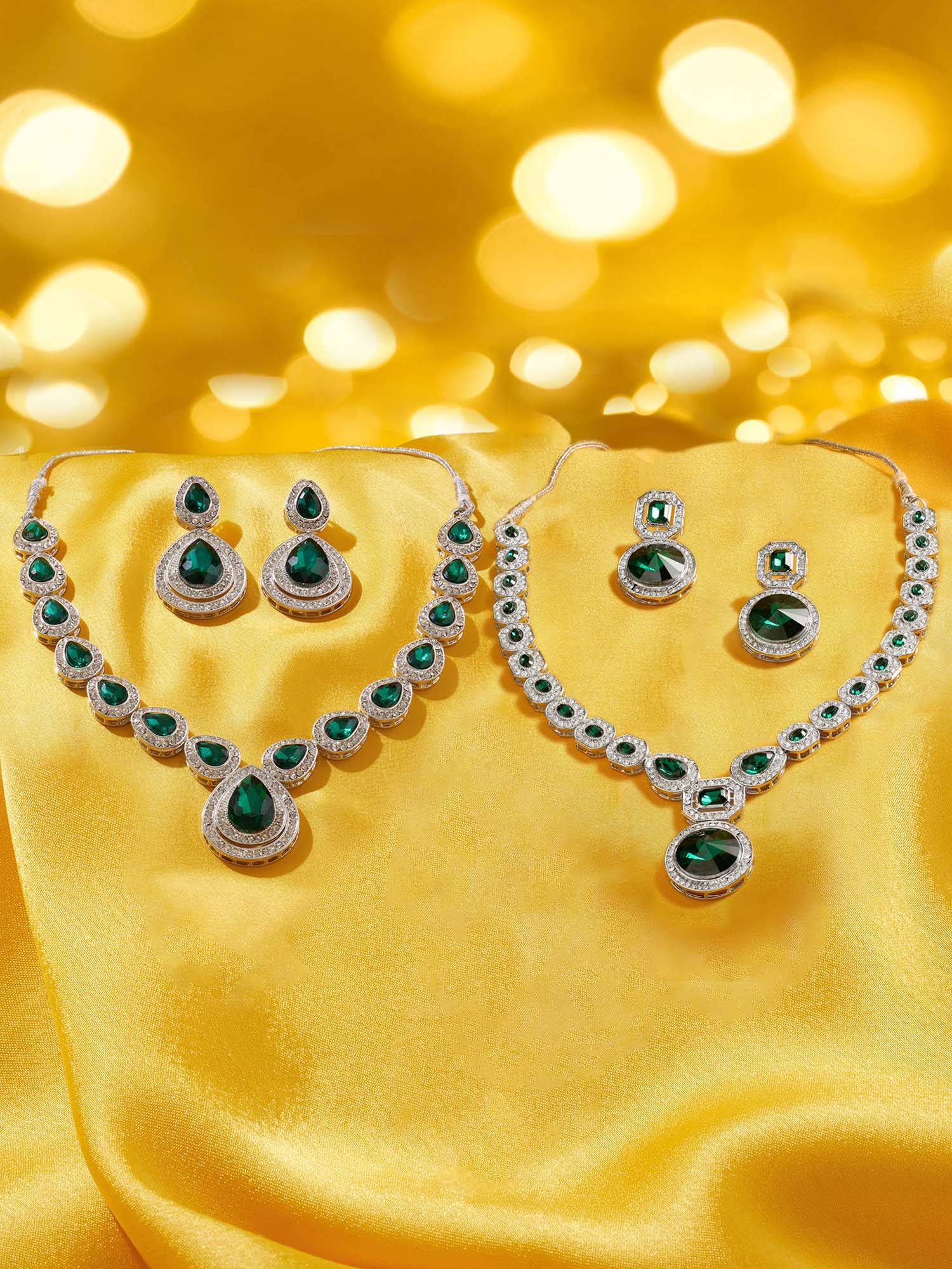 Zaveri Pearls Green Stones Diamonds Necklace and Earrings (Pack of 2)