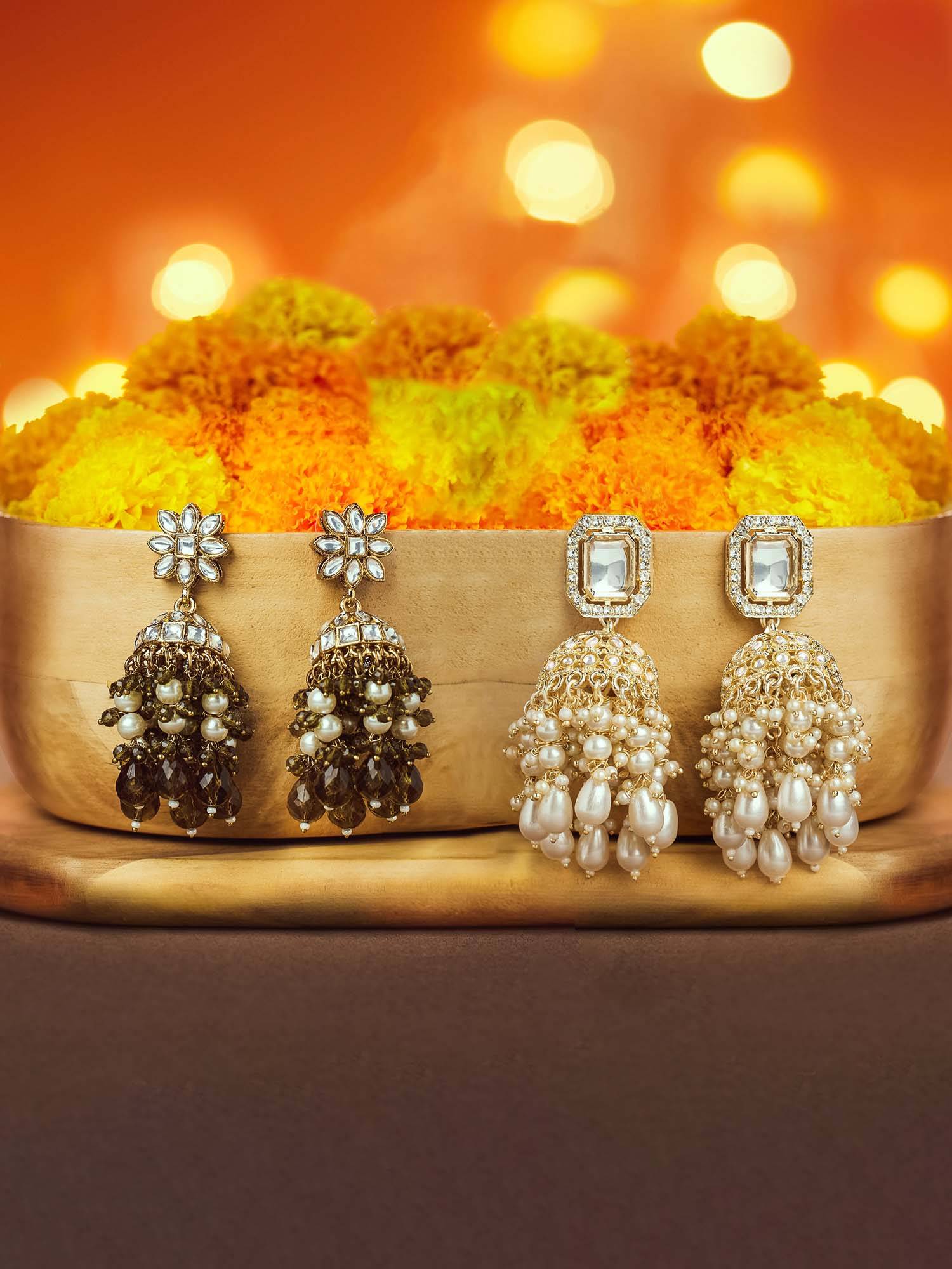 Zaveri Pearls Multi-Color Bead Pearl Austrian Diamonds Jhumka Earrings (Pack of 2)