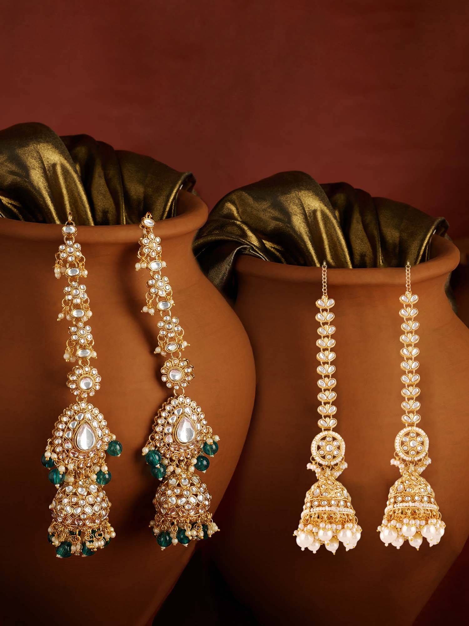 Zaveri Pearls Multi-Color Beads Kundan Jhumka with Ear Chain Earrings (Pack of 2)