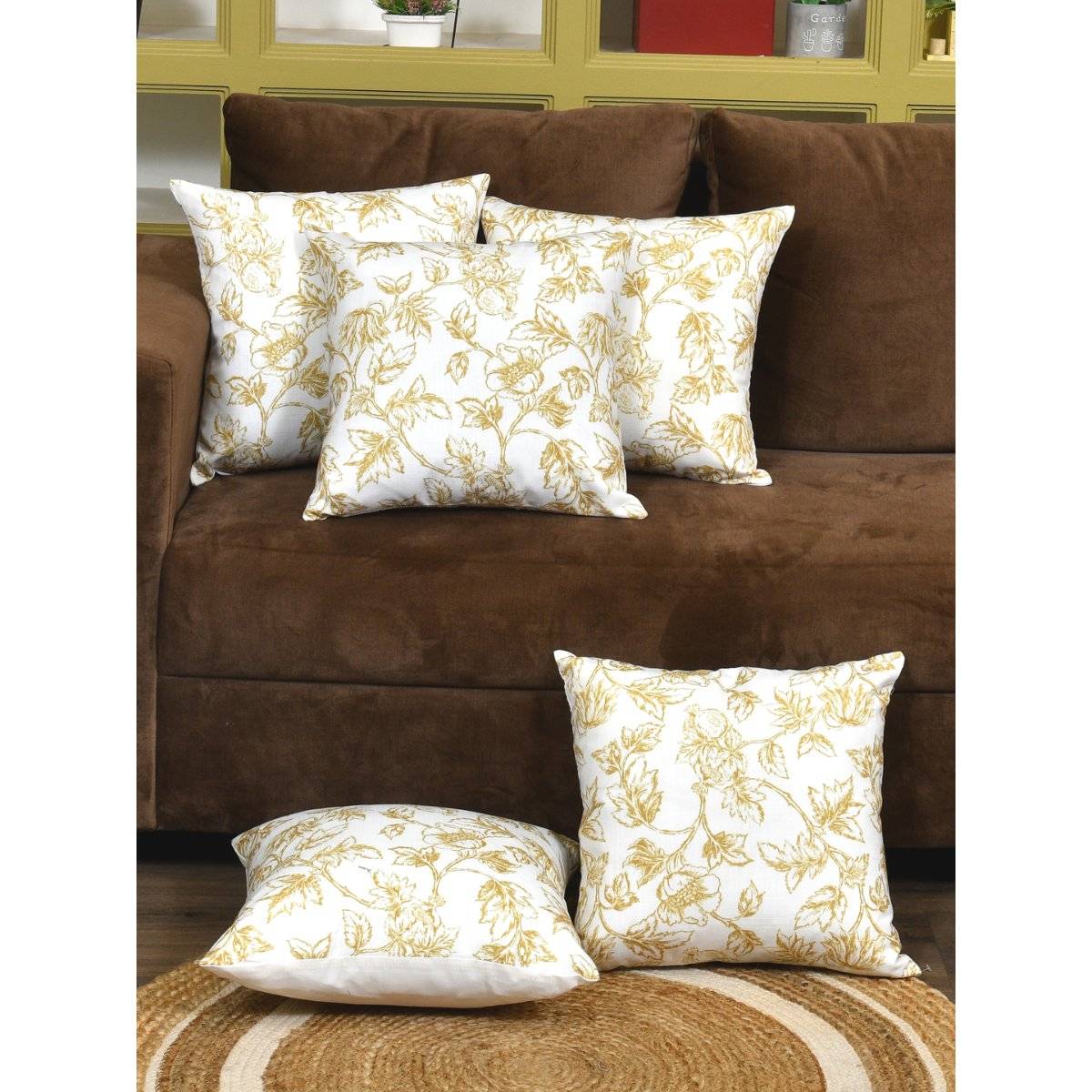 The Home Story Cushion Covers 16x16 Inches Yellow Flowers (Pack of 5)