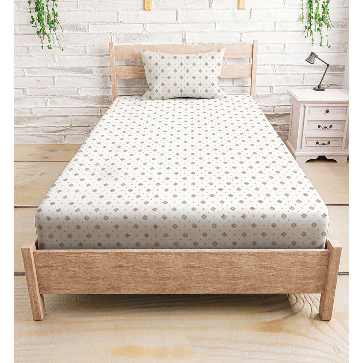 Polycotton 210TC Single bedsheet with 1 Pillow Cover Geometric Brown (Single)