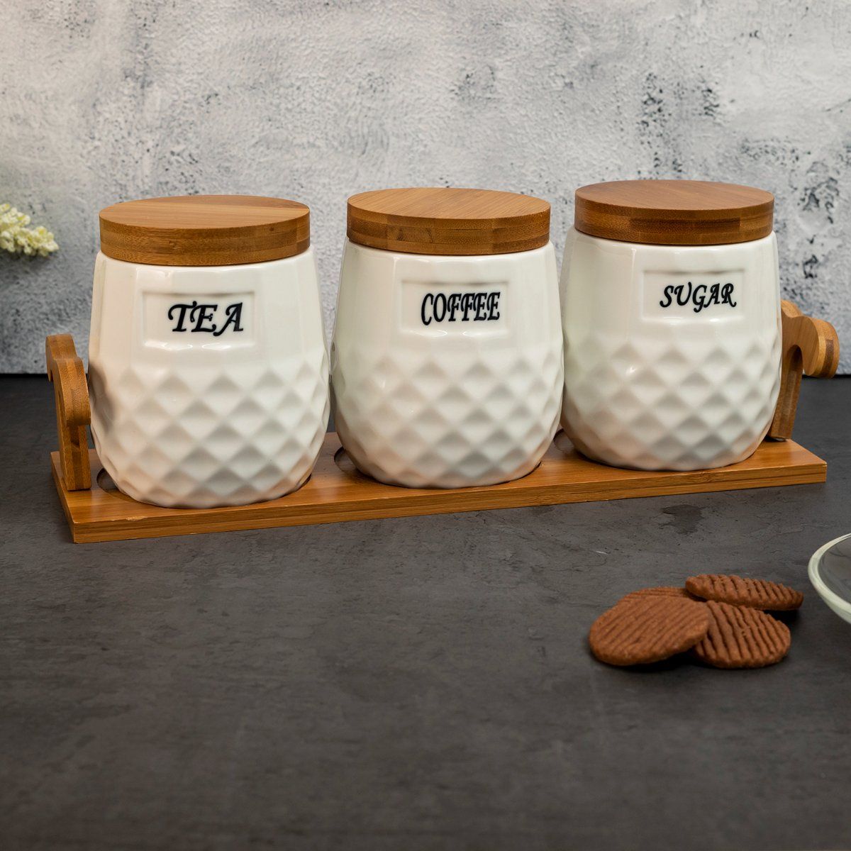 Buy EZ Life White Ceramic Checkers Tea Coffee Sugar 3 Canisters Pcs